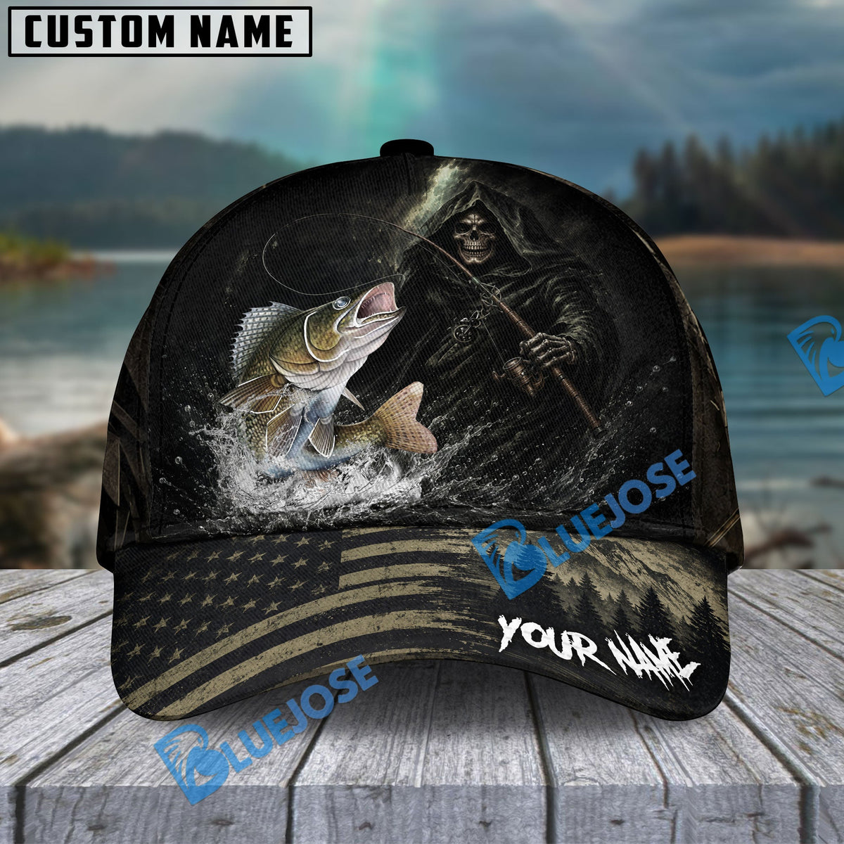 BlueJose Fishing Reaper Dark American Flag Personalized Name Classic 3D Cap (13 Breeds)