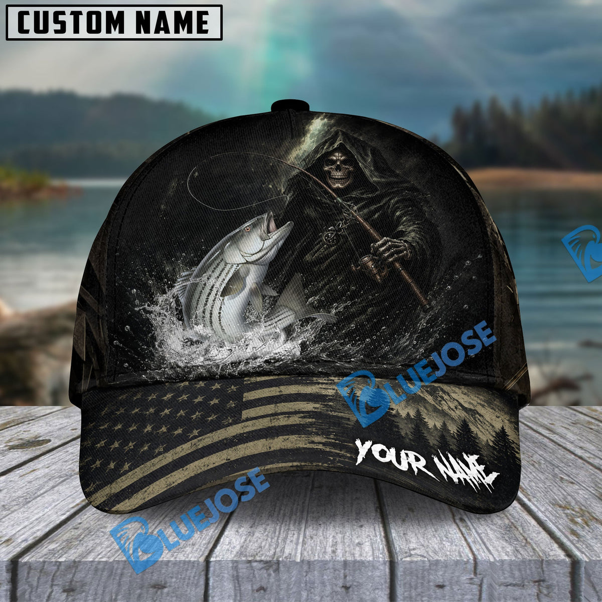 BlueJose Fishing Reaper Dark American Flag Personalized Name Classic 3D Cap (13 Breeds)