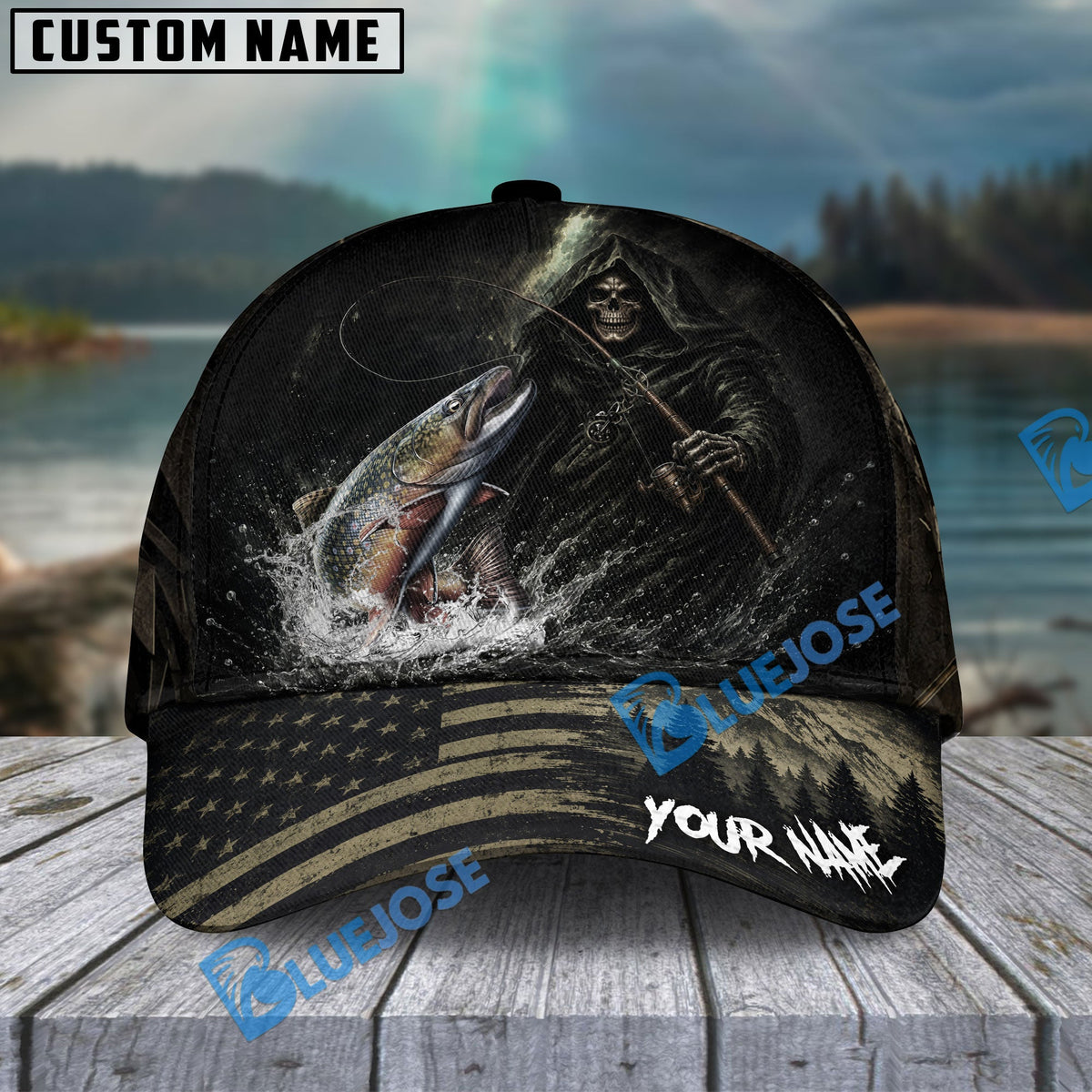 BlueJose Fishing Reaper Dark American Flag Personalized Name Classic 3D Cap (13 Breeds)