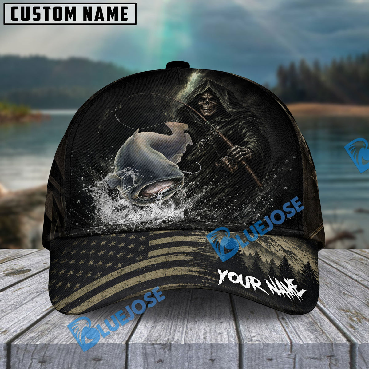 BlueJose Fishing Reaper Dark American Flag Personalized Name Classic 3D Cap (13 Breeds)