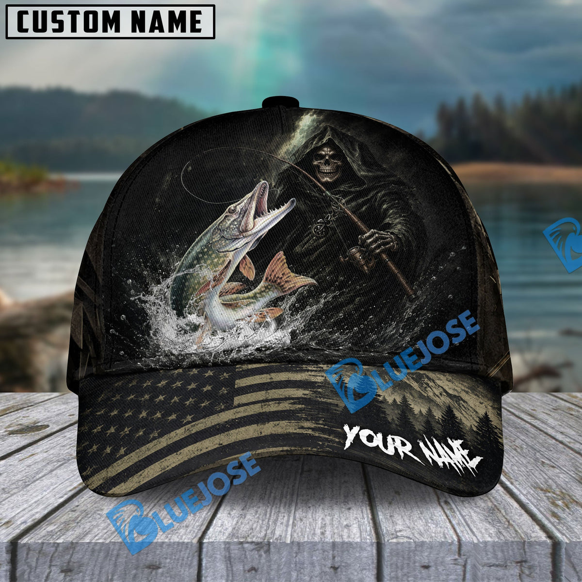 BlueJose Fishing Reaper Dark American Flag Personalized Name Classic 3D Cap (13 Breeds)