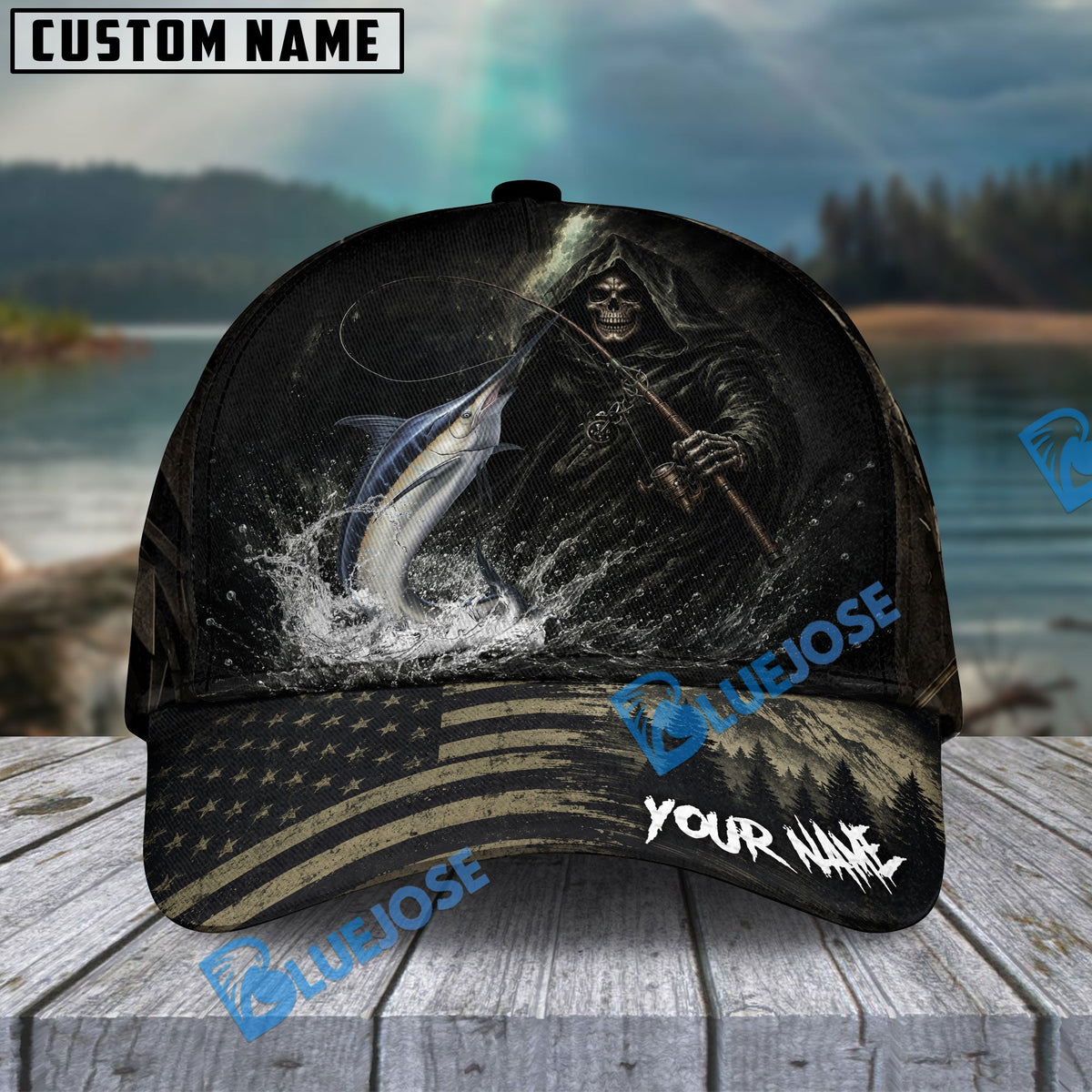 BlueJose Fishing Reaper Dark American Flag Personalized Name Classic 3D Cap (13 Breeds)