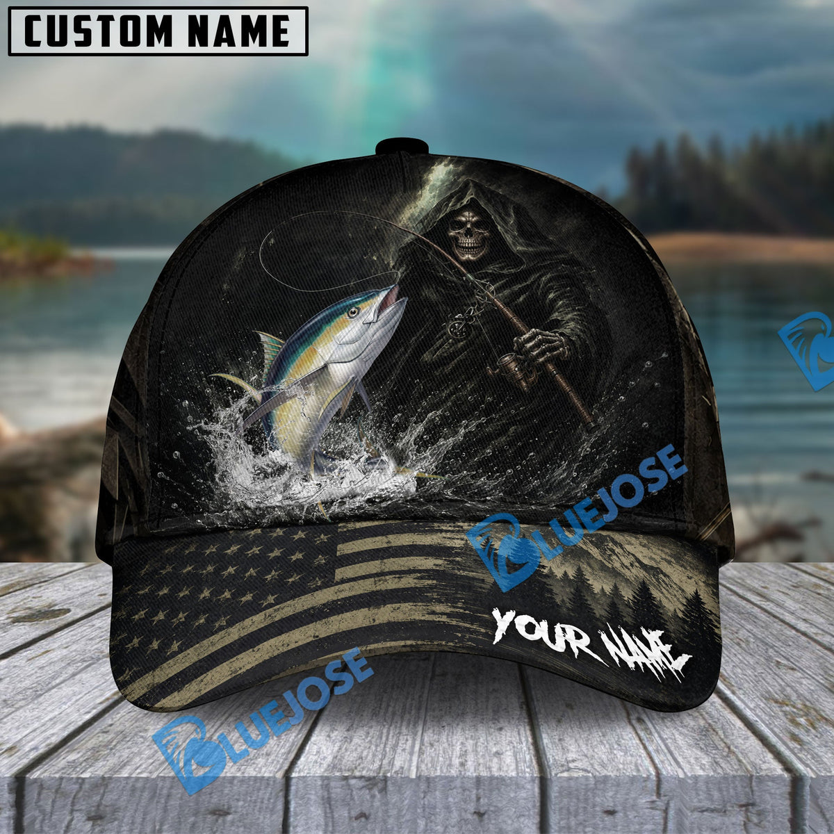BlueJose Fishing Reaper Dark American Flag Personalized Name Classic 3D Cap (13 Breeds)