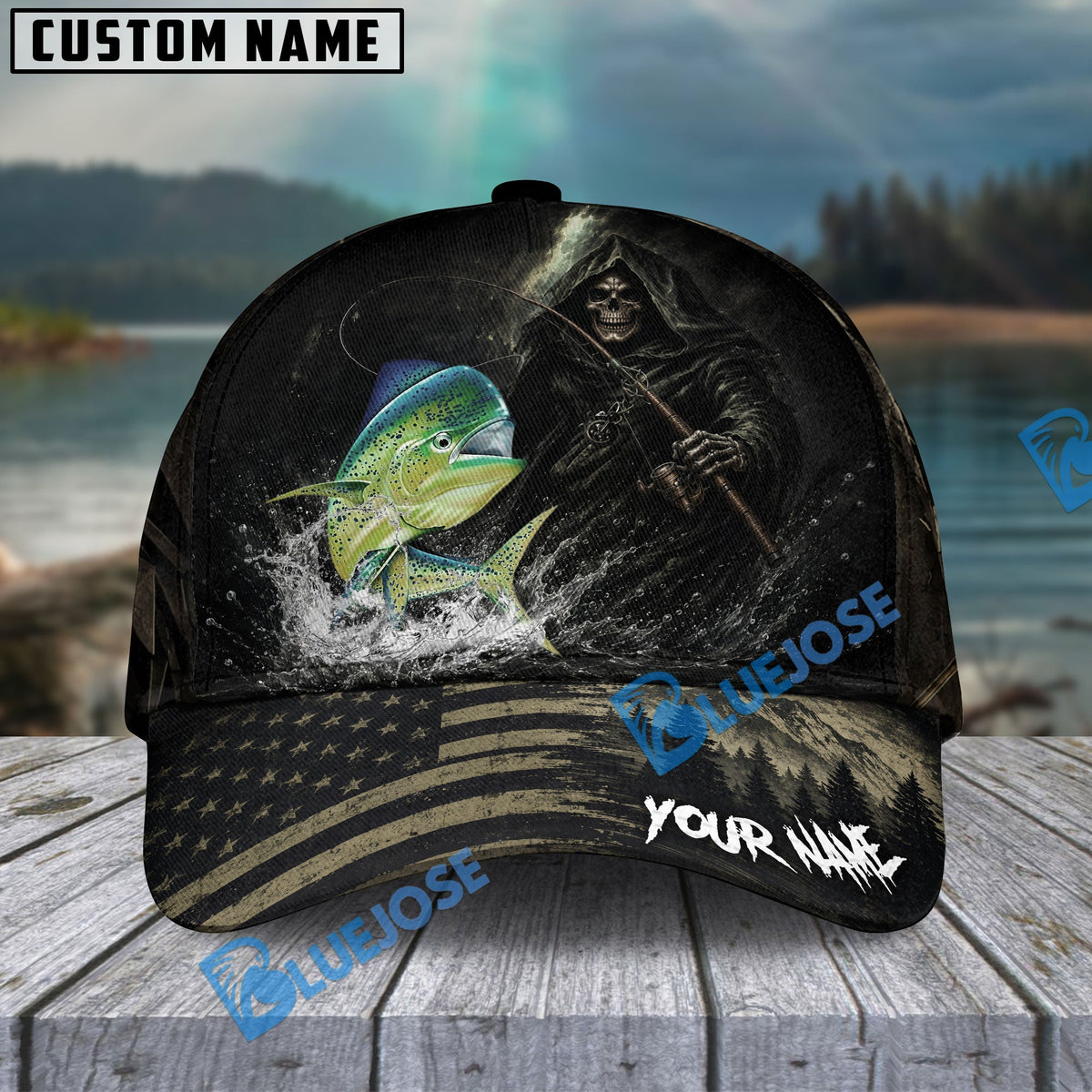 BlueJose Fishing Reaper Dark American Flag Personalized Name Classic 3D Cap (13 Breeds)