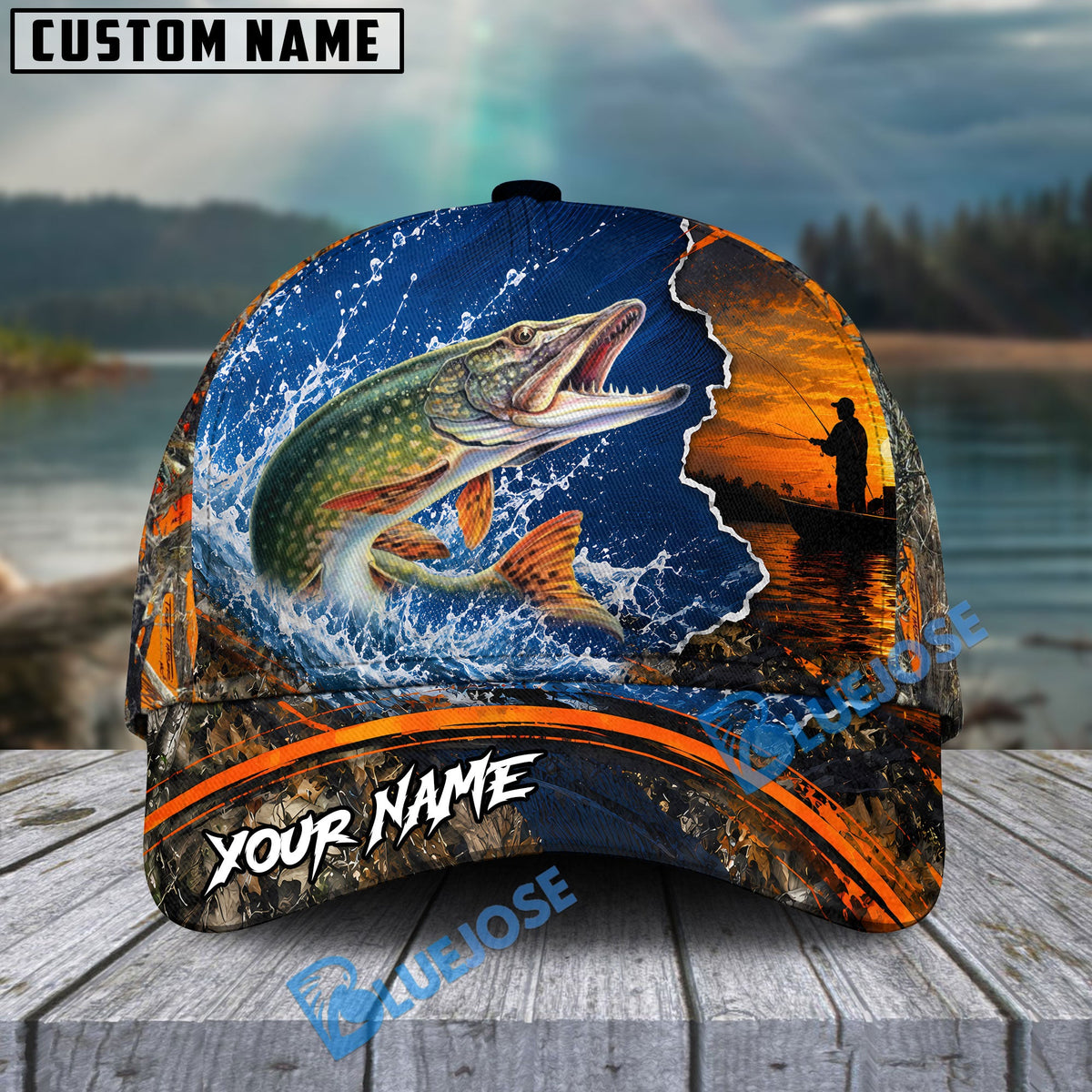 BlueJose Fishing Blue Sunset Ocean Camo Personalized Name Classic 3D Cap (13 Breeds)
