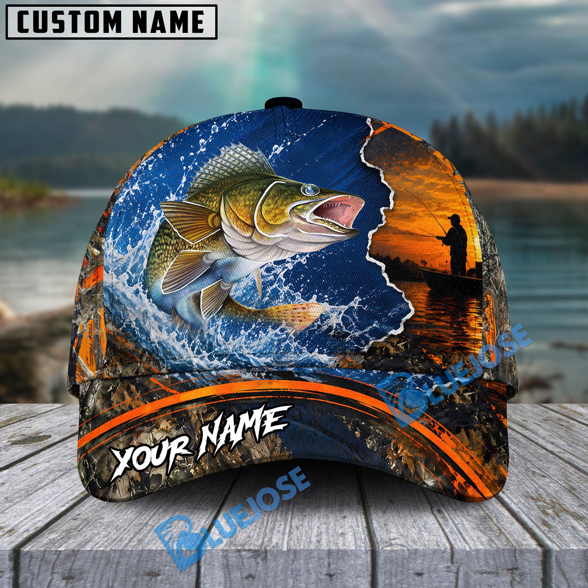 BlueJose Fishing Blue Sunset Ocean Camo Personalized Name Classic 3D Cap (13 Breeds)