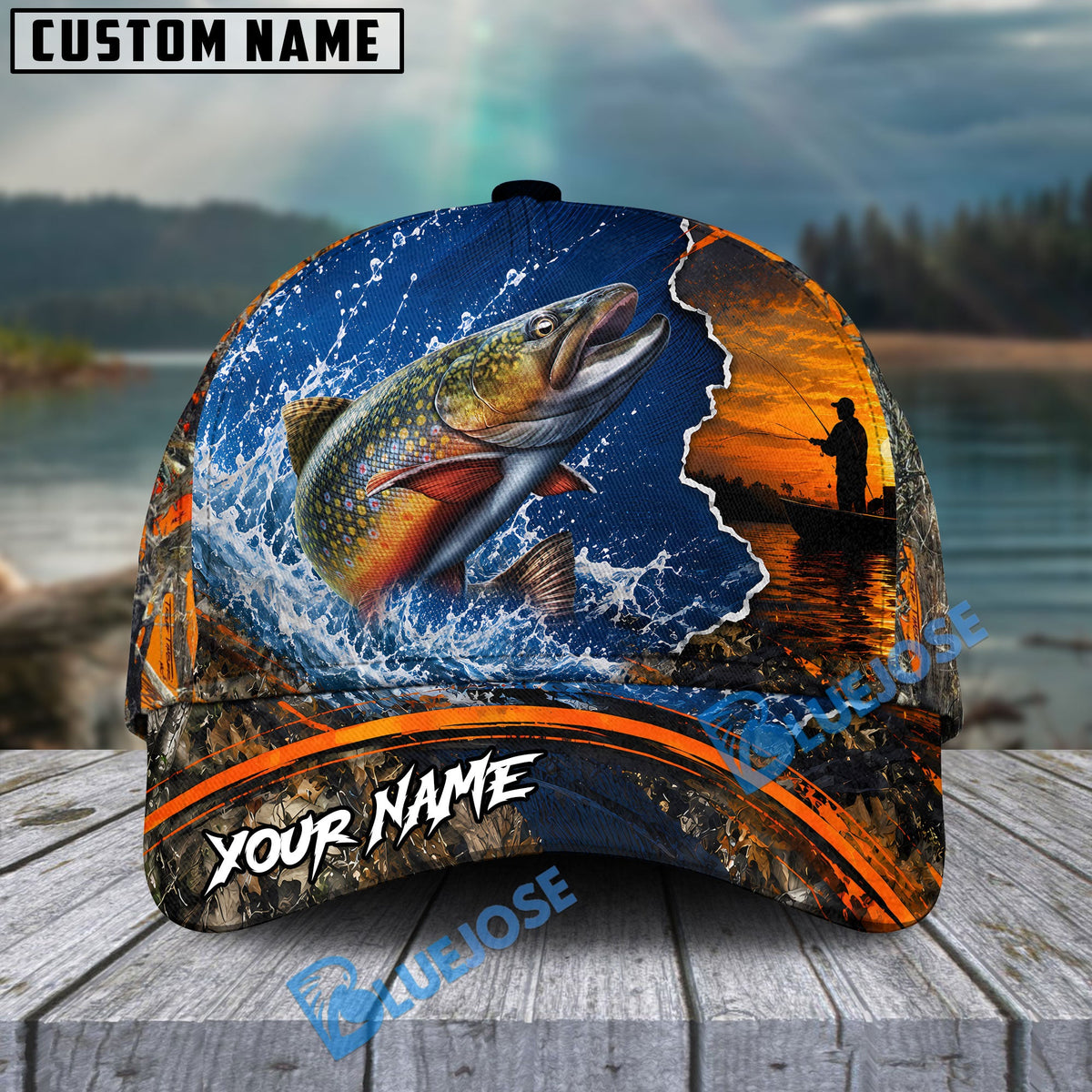 BlueJose Fishing Blue Sunset Ocean Camo Personalized Name Classic 3D Cap (13 Breeds)