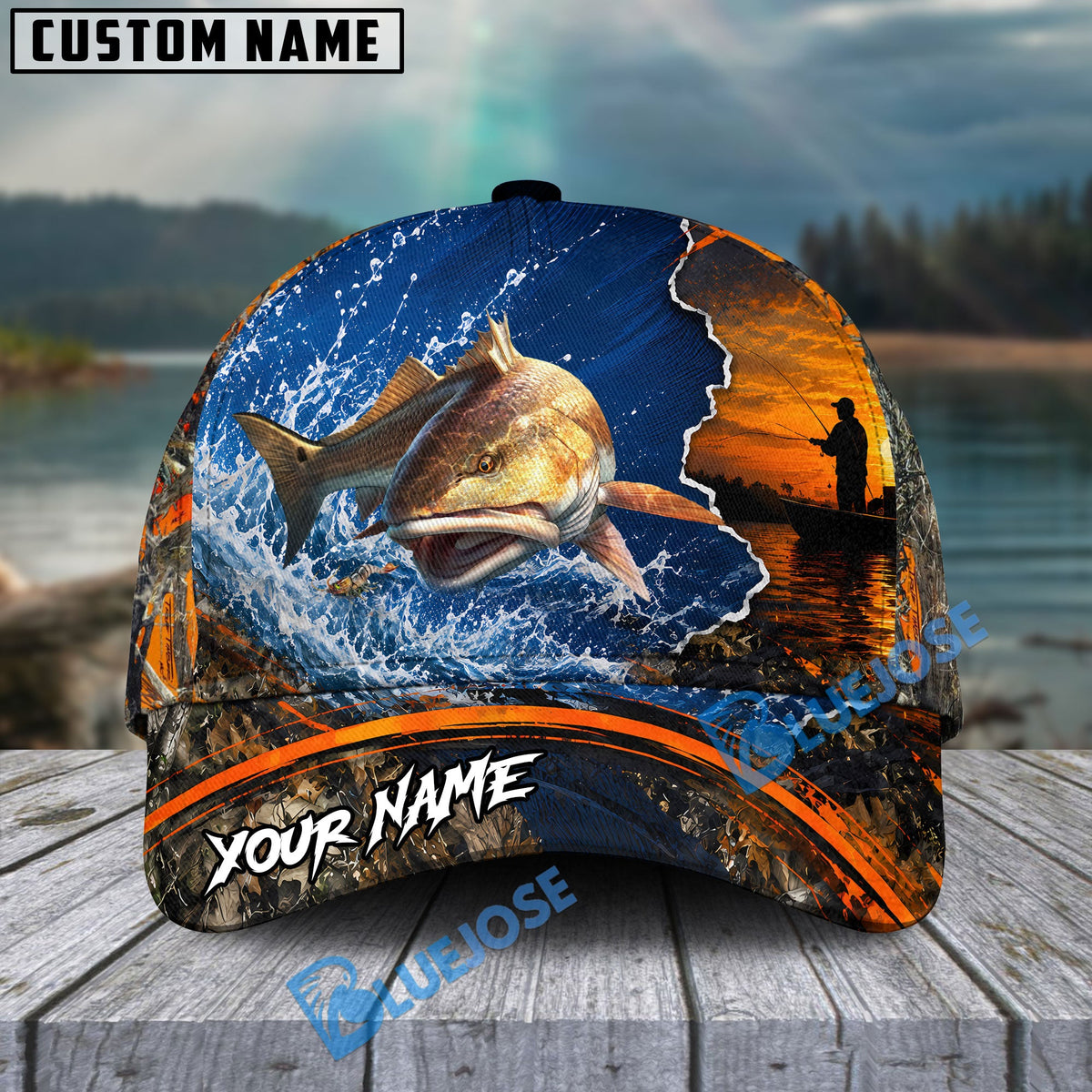 BlueJose Fishing Blue Sunset Ocean Camo Personalized Name Classic 3D Cap (13 Breeds)