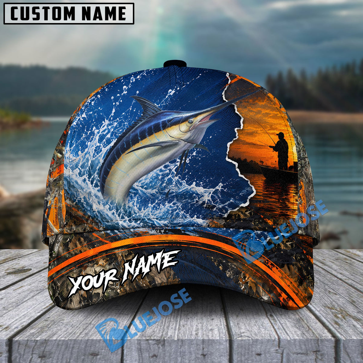 BlueJose Fishing Blue Sunset Ocean Camo Personalized Name Classic 3D Cap (13 Breeds)