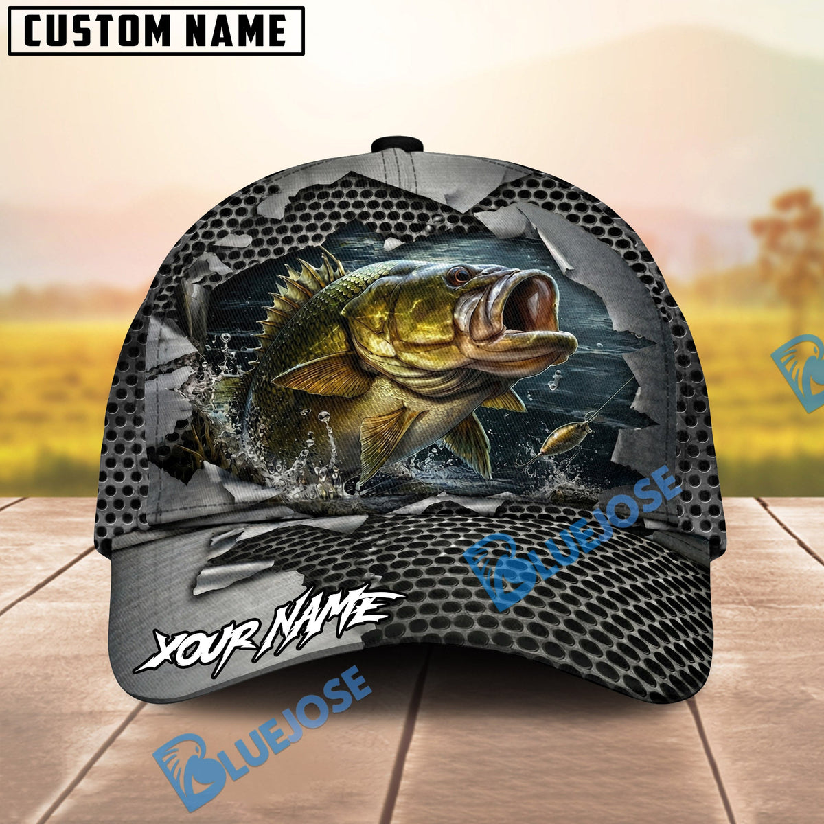 BlueJose Fishing Torn Metal Mesh Personalized Name Classic 3D Cap (13 Breeds)