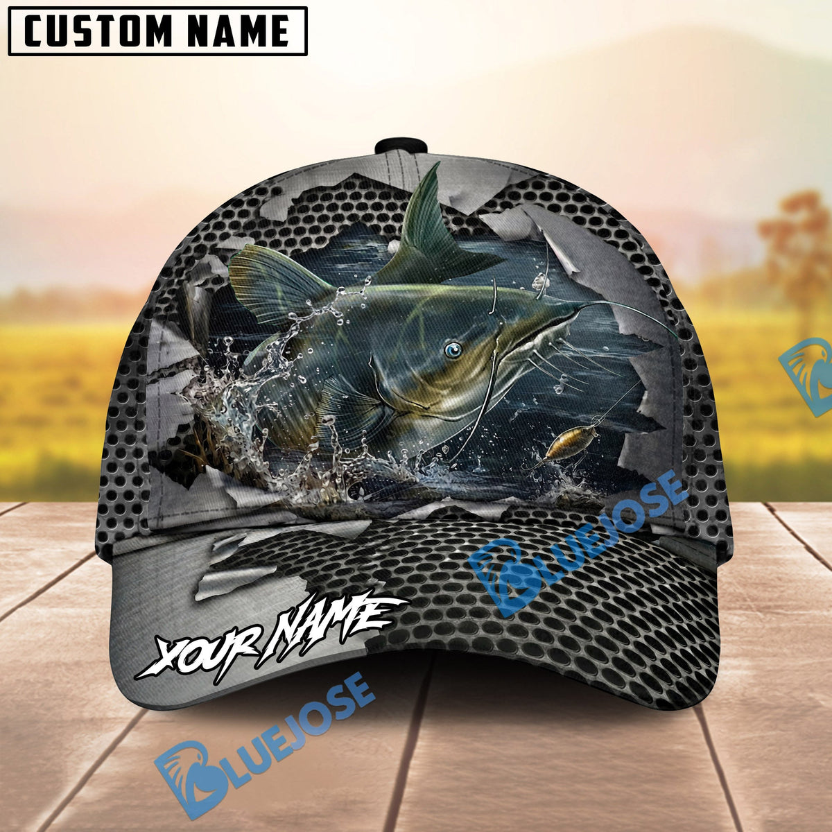 BlueJose Fishing Torn Metal Mesh Personalized Name Classic 3D Cap (13 Breeds)