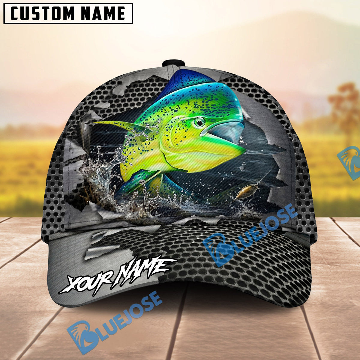 BlueJose Fishing Torn Metal Mesh Personalized Name Classic 3D Cap (13 Breeds)