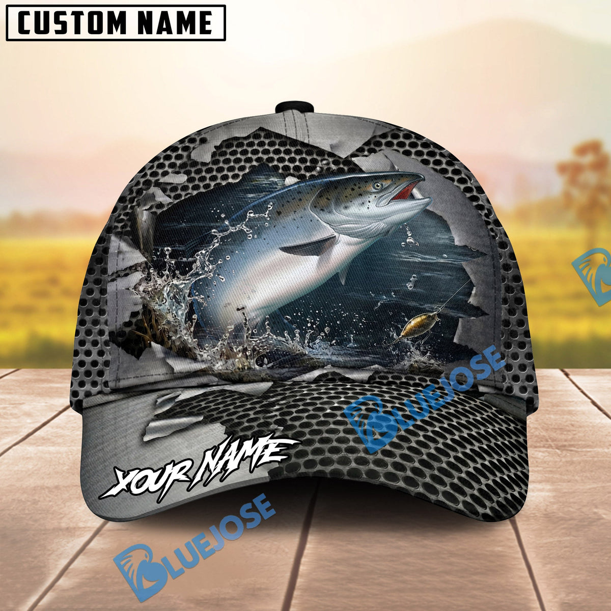 BlueJose Fishing Torn Metal Mesh Personalized Name Classic 3D Cap (13 Breeds)