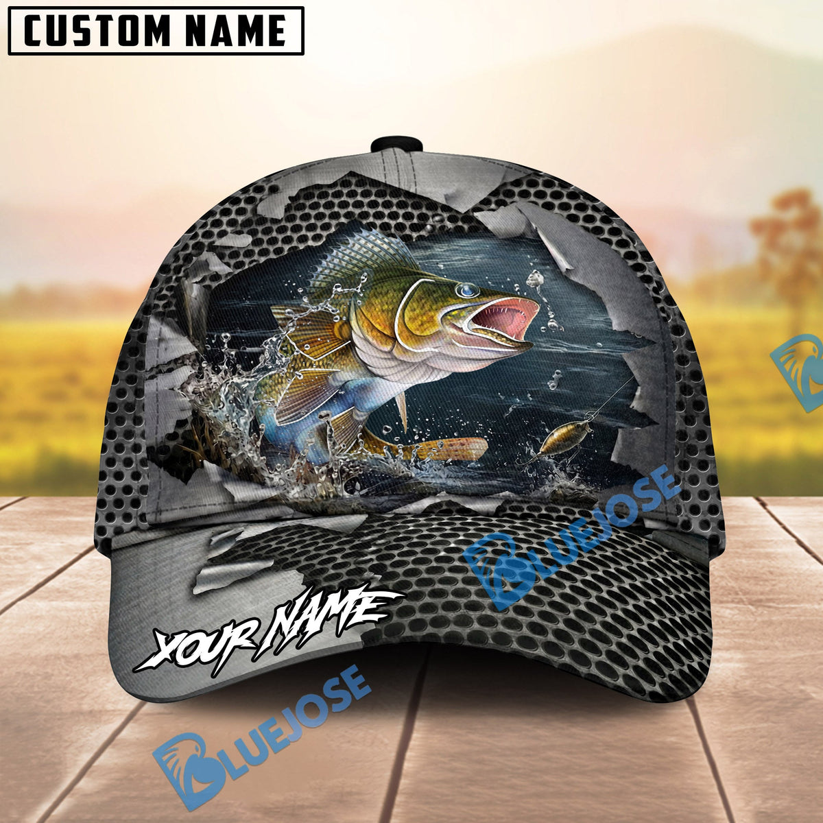 BlueJose Fishing Torn Metal Mesh Personalized Name Classic 3D Cap (13 Breeds)