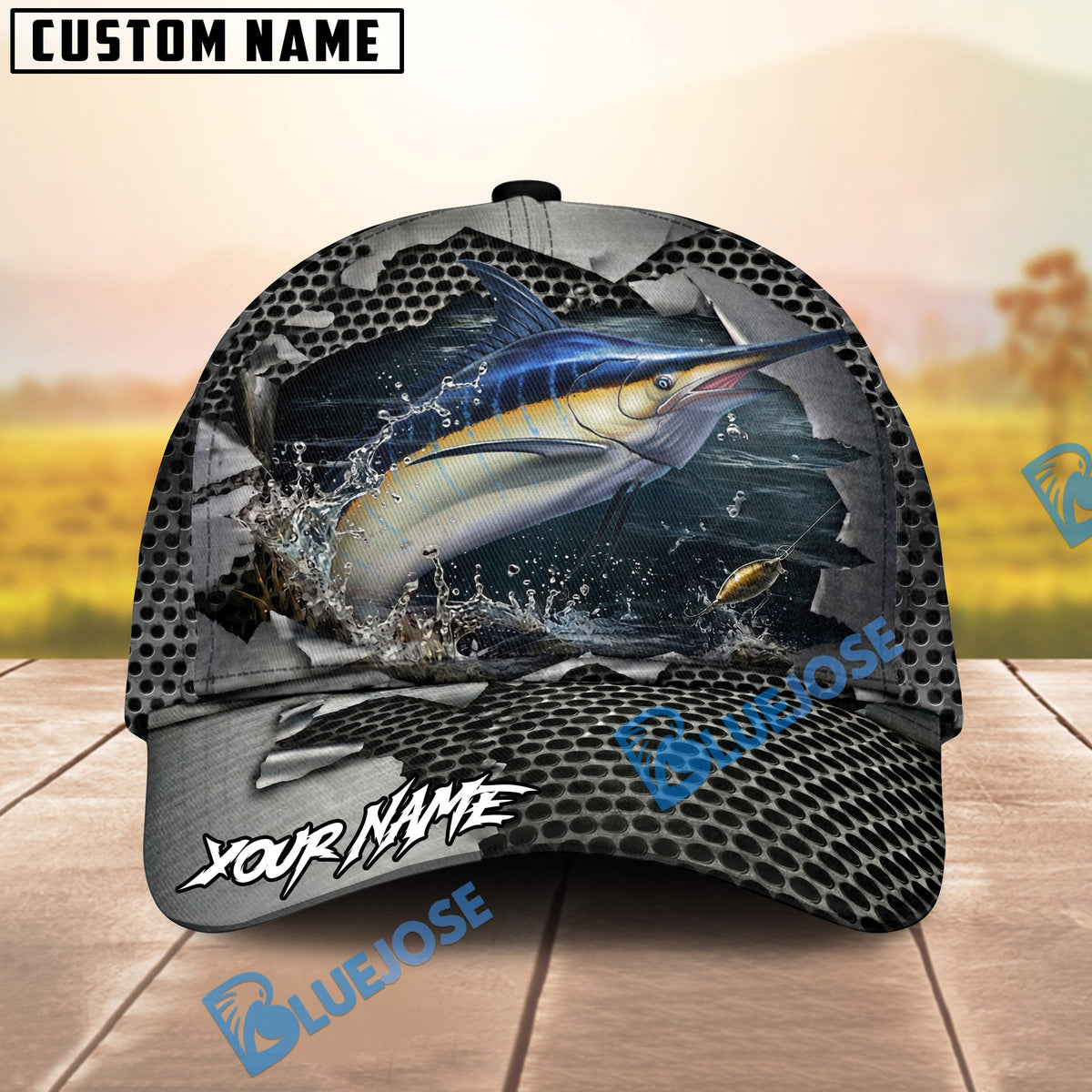 BlueJose Fishing Torn Metal Mesh Personalized Name Classic 3D Cap (13 Breeds)