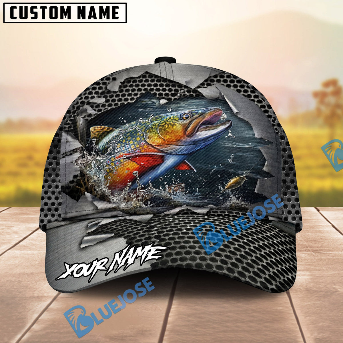 BlueJose Fishing Torn Metal Mesh Personalized Name Classic 3D Cap (13 Breeds)