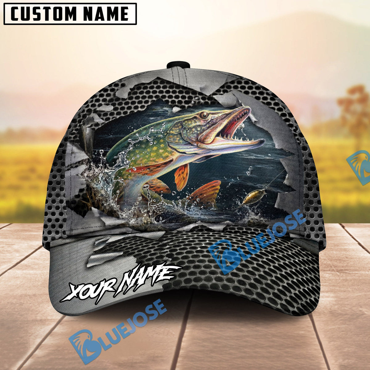 BlueJose Fishing Torn Metal Mesh Personalized Name Classic 3D Cap (13 Breeds)