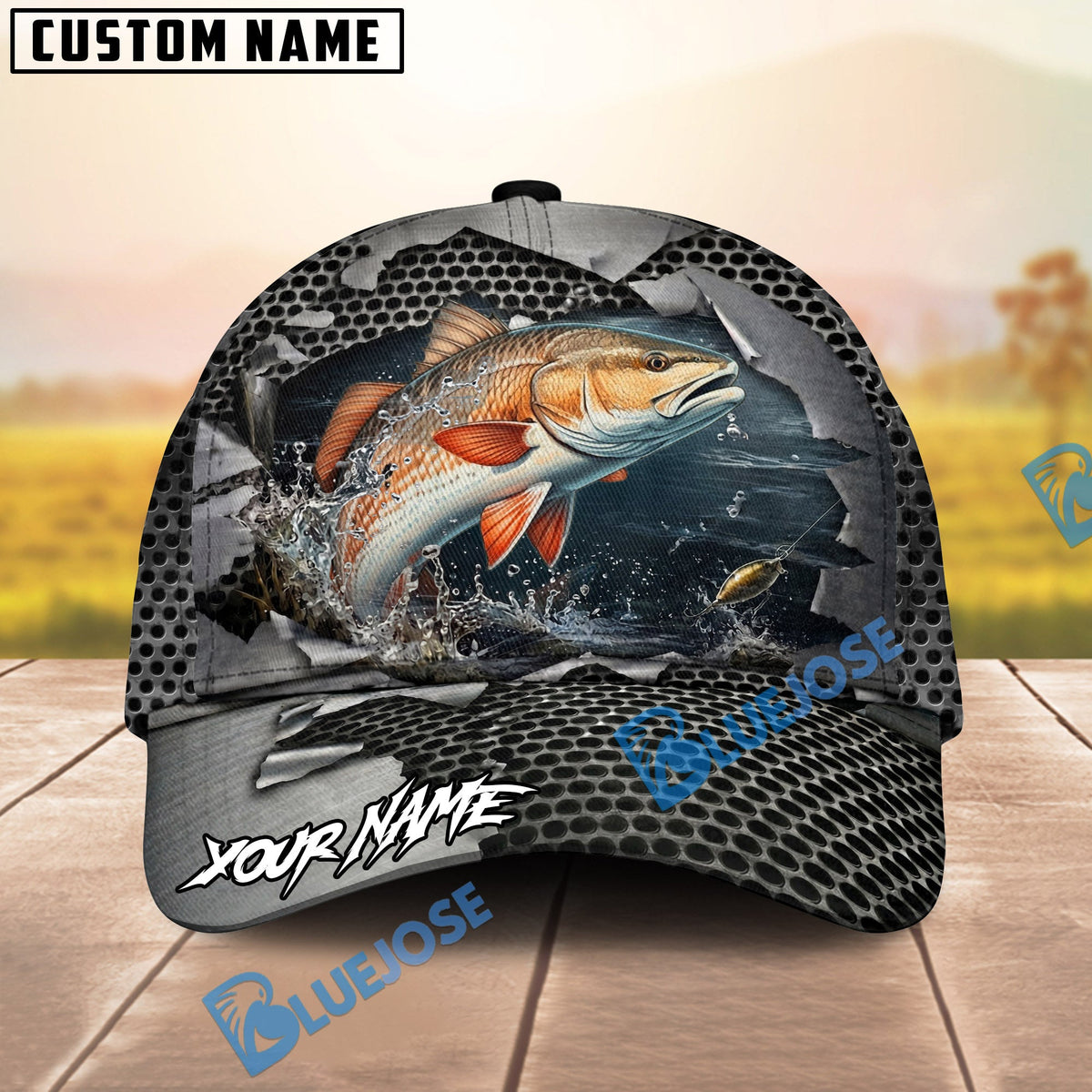 BlueJose Fishing Torn Metal Mesh Personalized Name Classic 3D Cap (13 Breeds)
