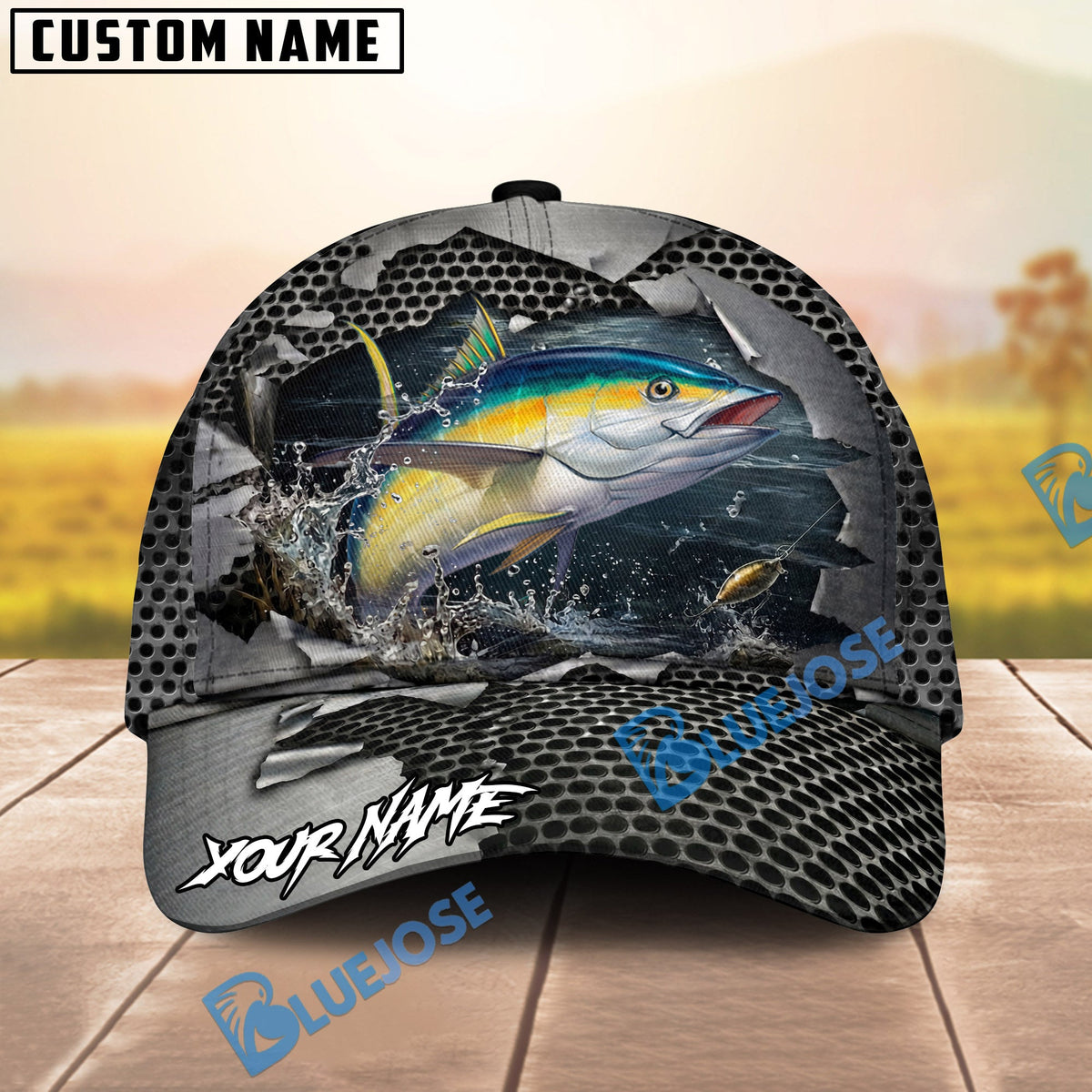 BlueJose Fishing Torn Metal Mesh Personalized Name Classic 3D Cap (13 Breeds)