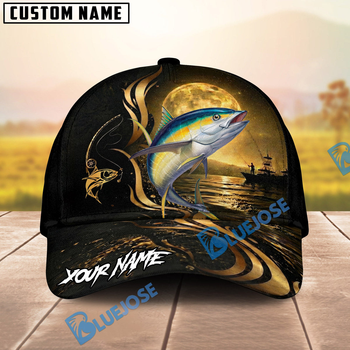 BlueJose Fishing Moonlight Gold Ocean Personalized Name Classic 3D Cap (13 Breeds)