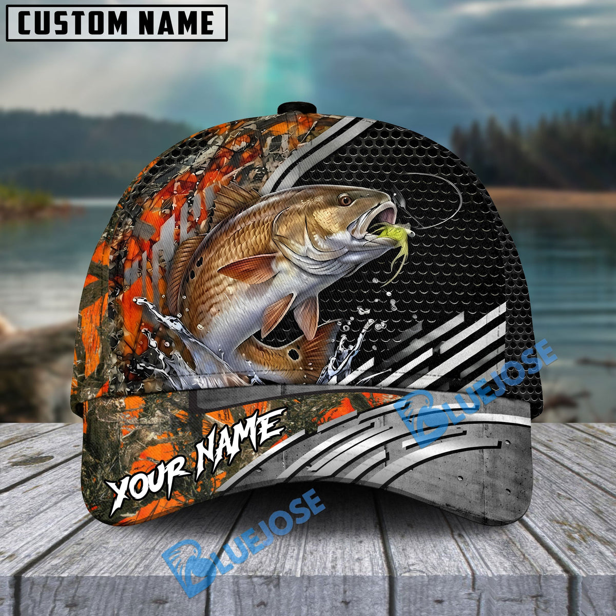 BlueJose Fishing Orange Camo Graphic Personalized Name Classic 3D Cap (13 Breeds)