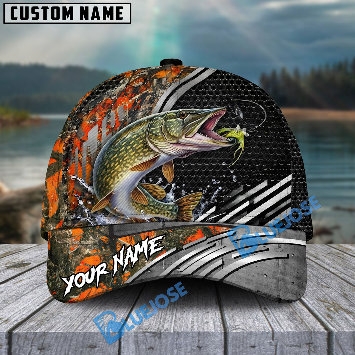 BlueJose Fishing Orange Camo Graphic Personalized Name Classic 3D Cap (13 Breeds)