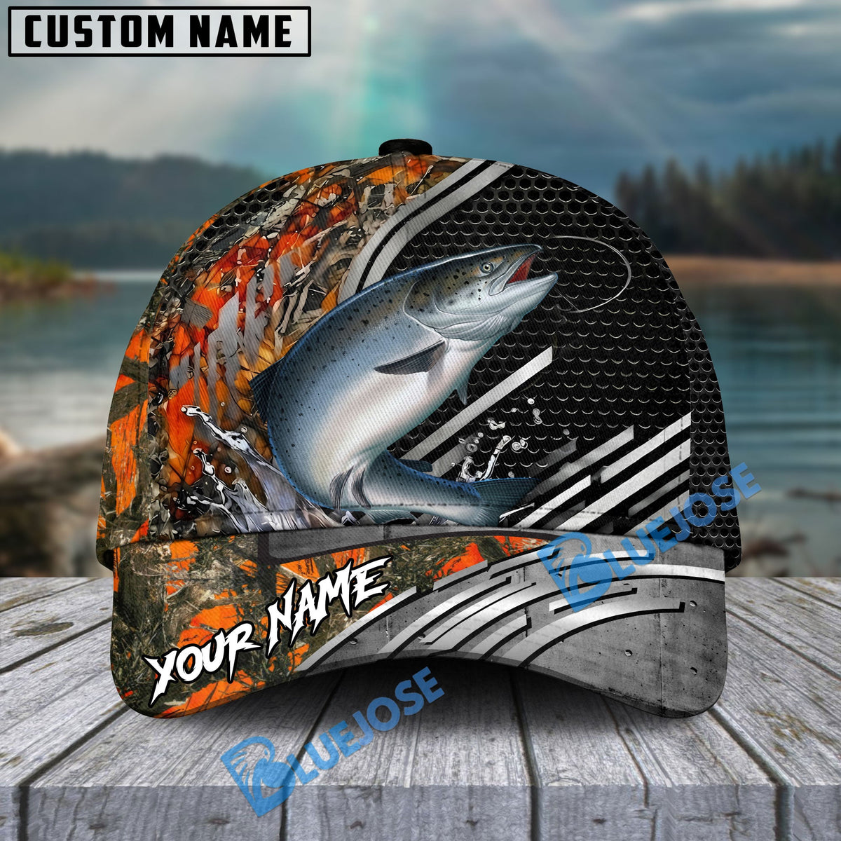 BlueJose Fishing Orange Camo Graphic Personalized Name Classic 3D Cap (13 Breeds)