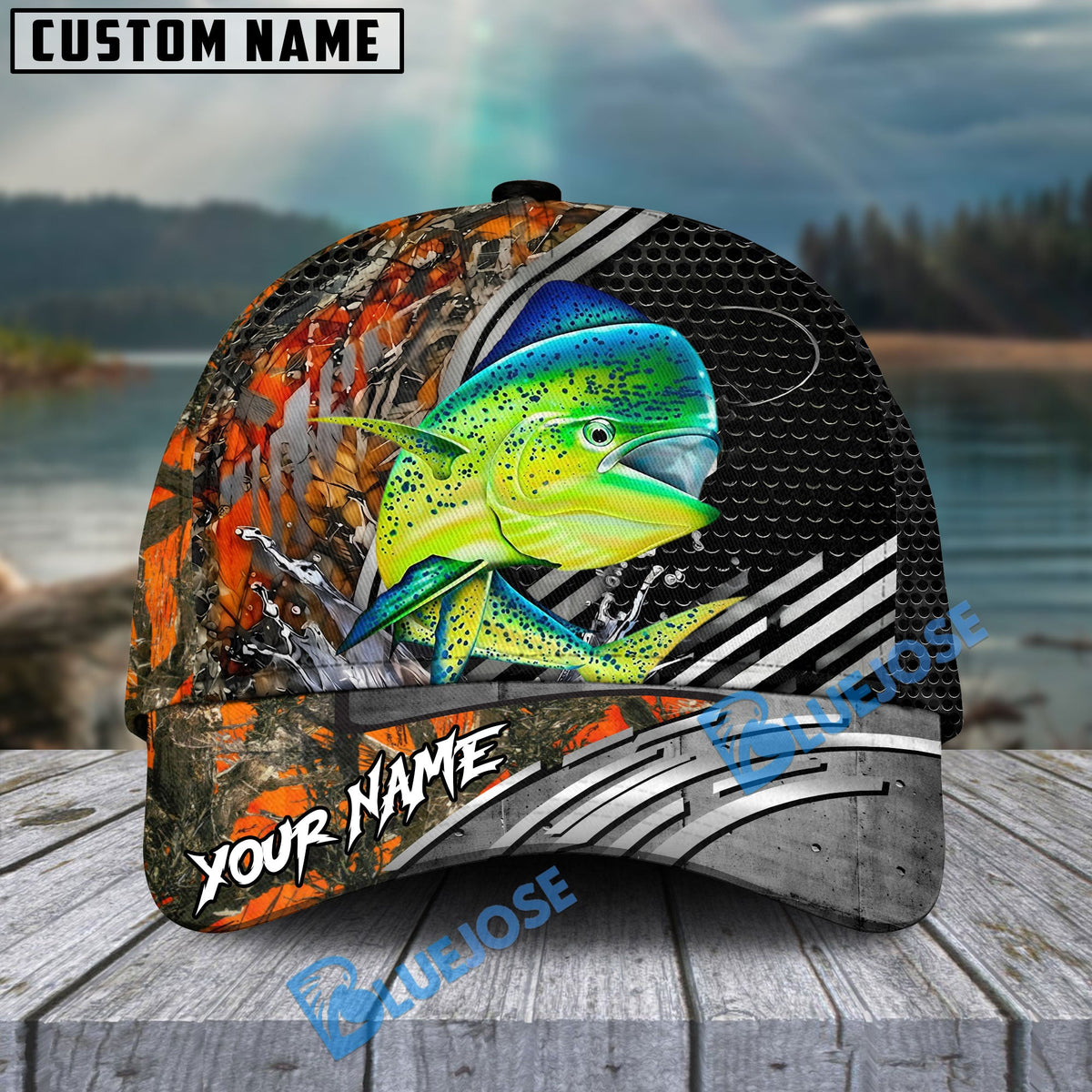 BlueJose Fishing Orange Camo Graphic Personalized Name Classic 3D Cap (13 Breeds)