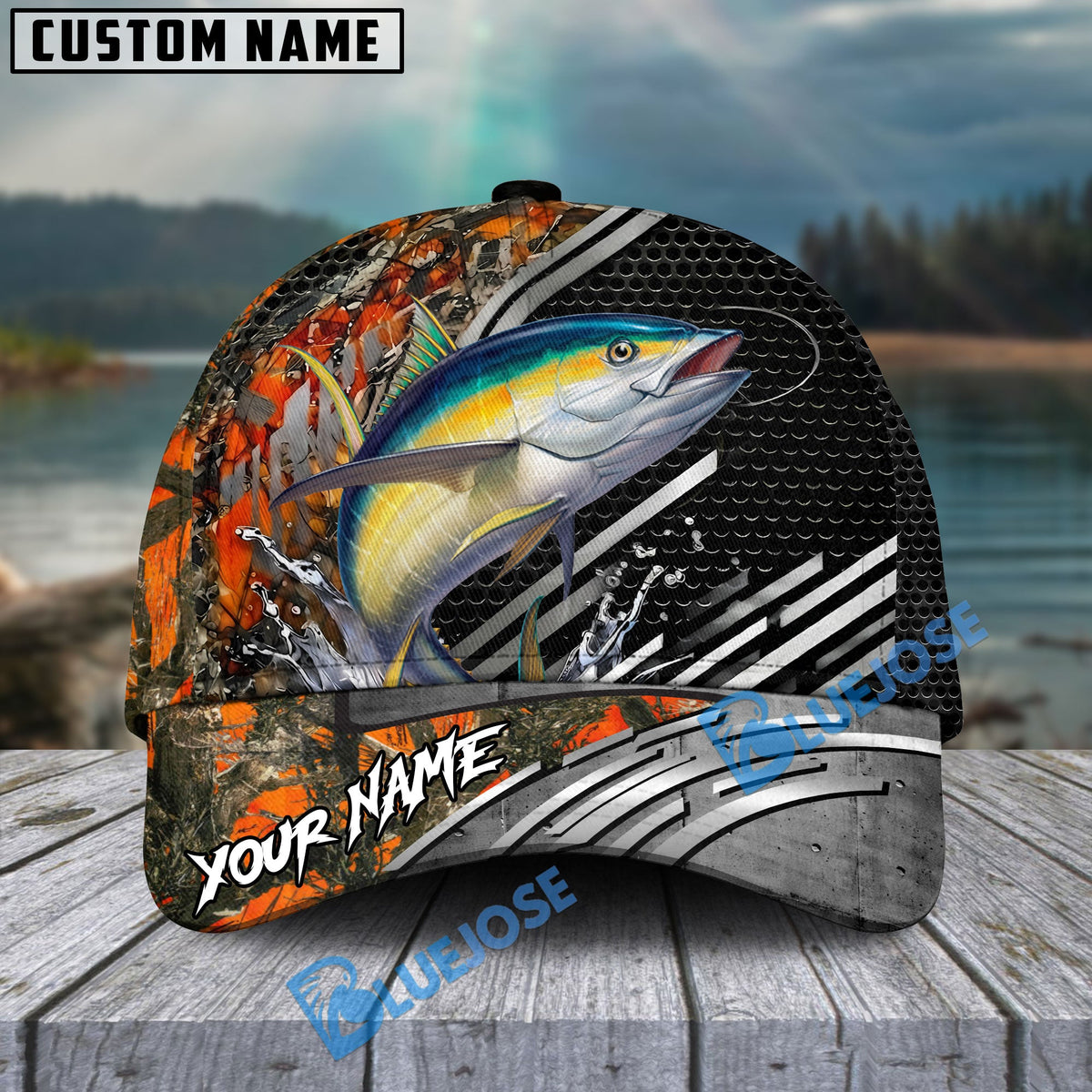 BlueJose Fishing Orange Camo Graphic Personalized Name Classic 3D Cap (13 Breeds)