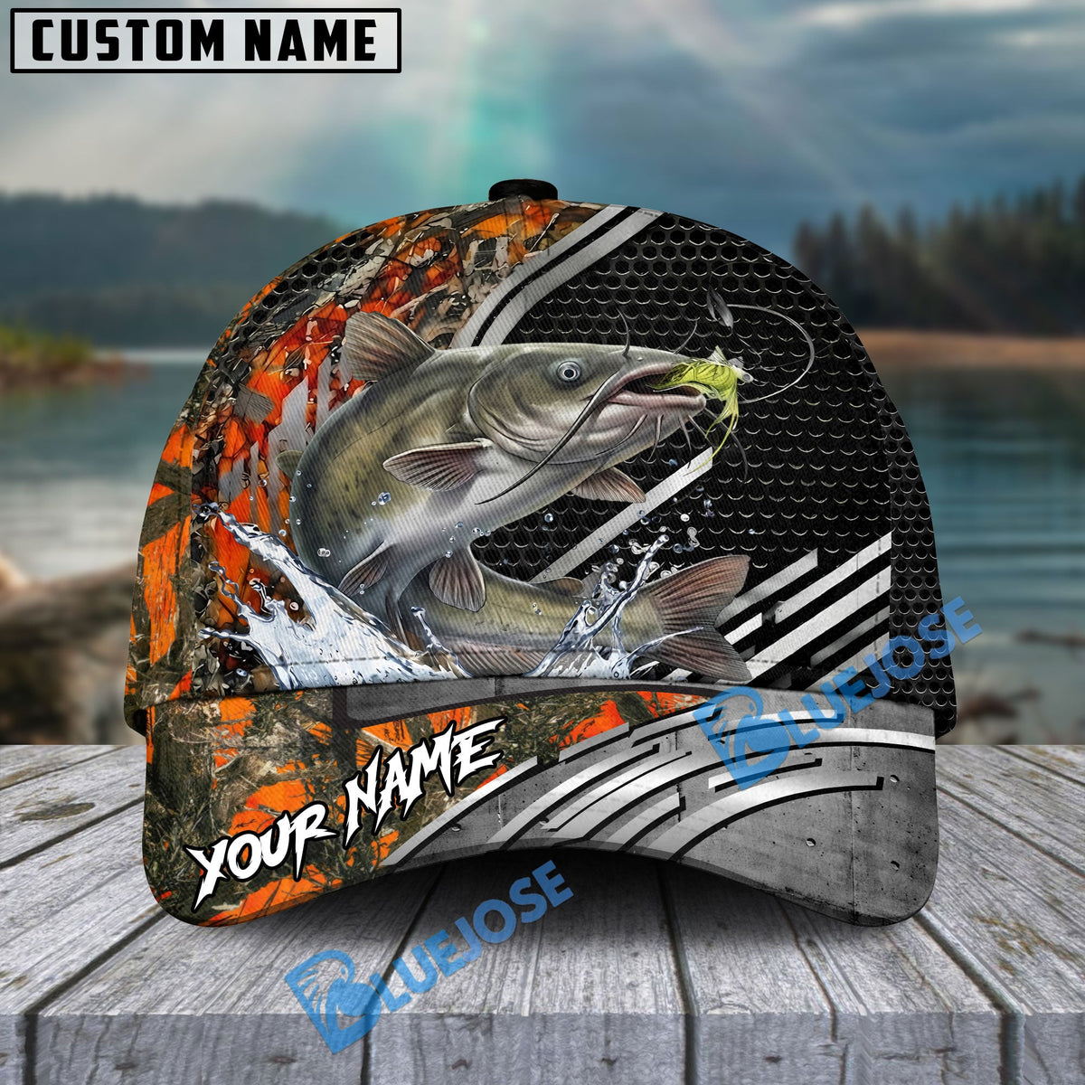 BlueJose Fishing Orange Camo Graphic Personalized Name Classic 3D Cap (13 Breeds)