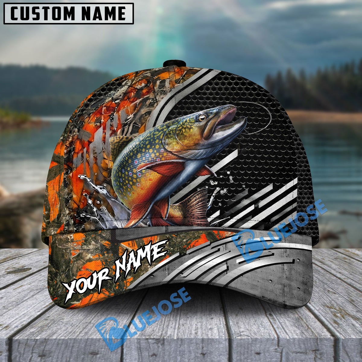 BlueJose Fishing Orange Camo Graphic Personalized Name Classic 3D Cap (13 Breeds)