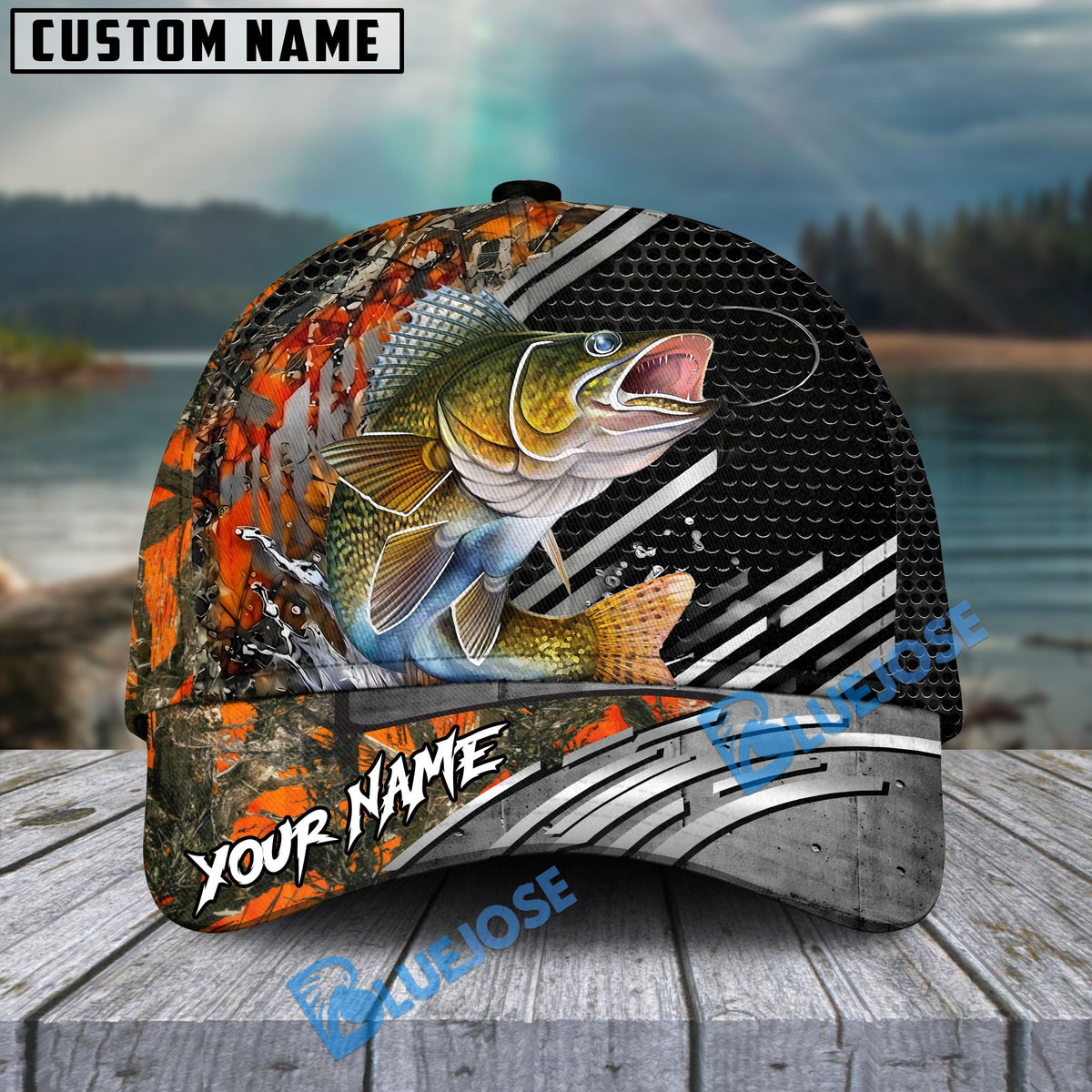 BlueJose Fishing Orange Camo Graphic Personalized Name Classic 3D Cap (13 Breeds)