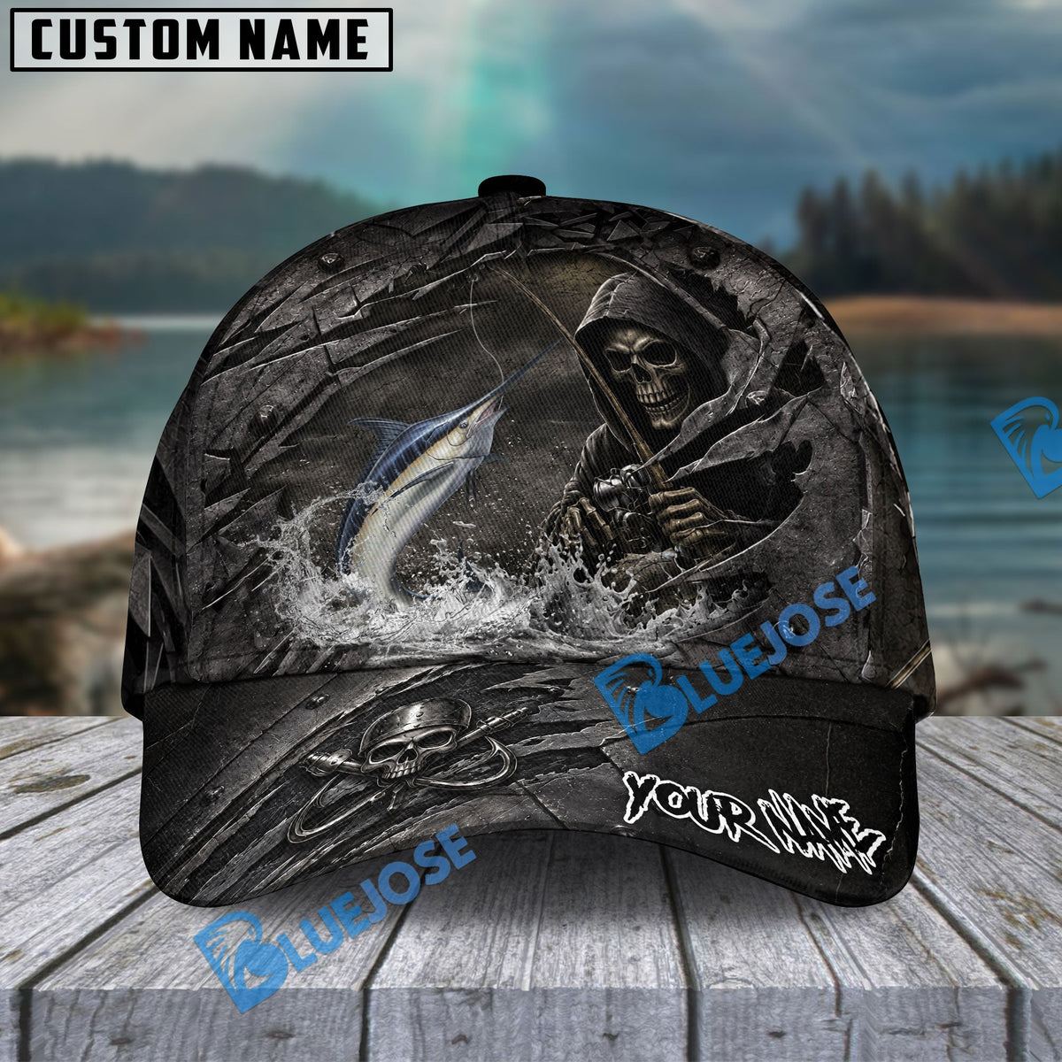 BlueJose Fishing Reaper Cracked Steel Skull Artwork Personalized Name Classic 3D Cap (13 Breeds)