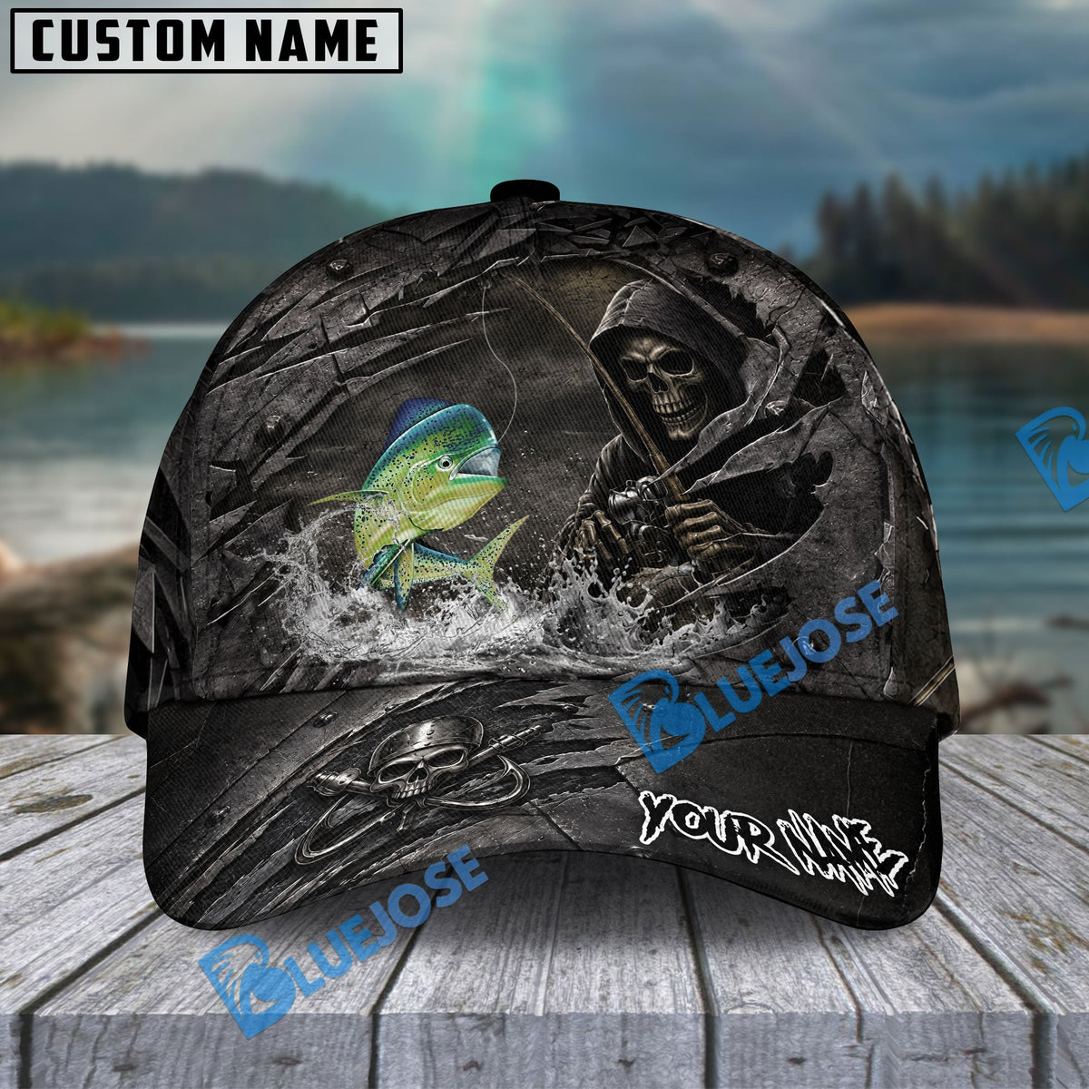 BlueJose Fishing Reaper Cracked Steel Skull Artwork Personalized Name Classic 3D Cap (13 Breeds)