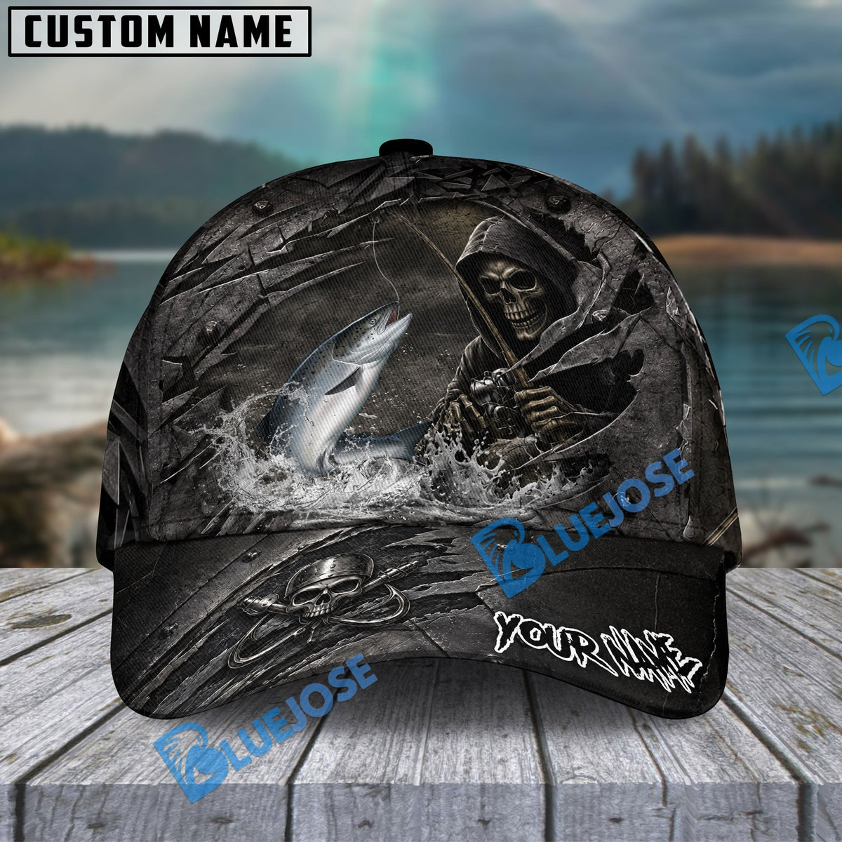 BlueJose Fishing Reaper Cracked Steel Skull Artwork Personalized Name Classic 3D Cap (13 Breeds)