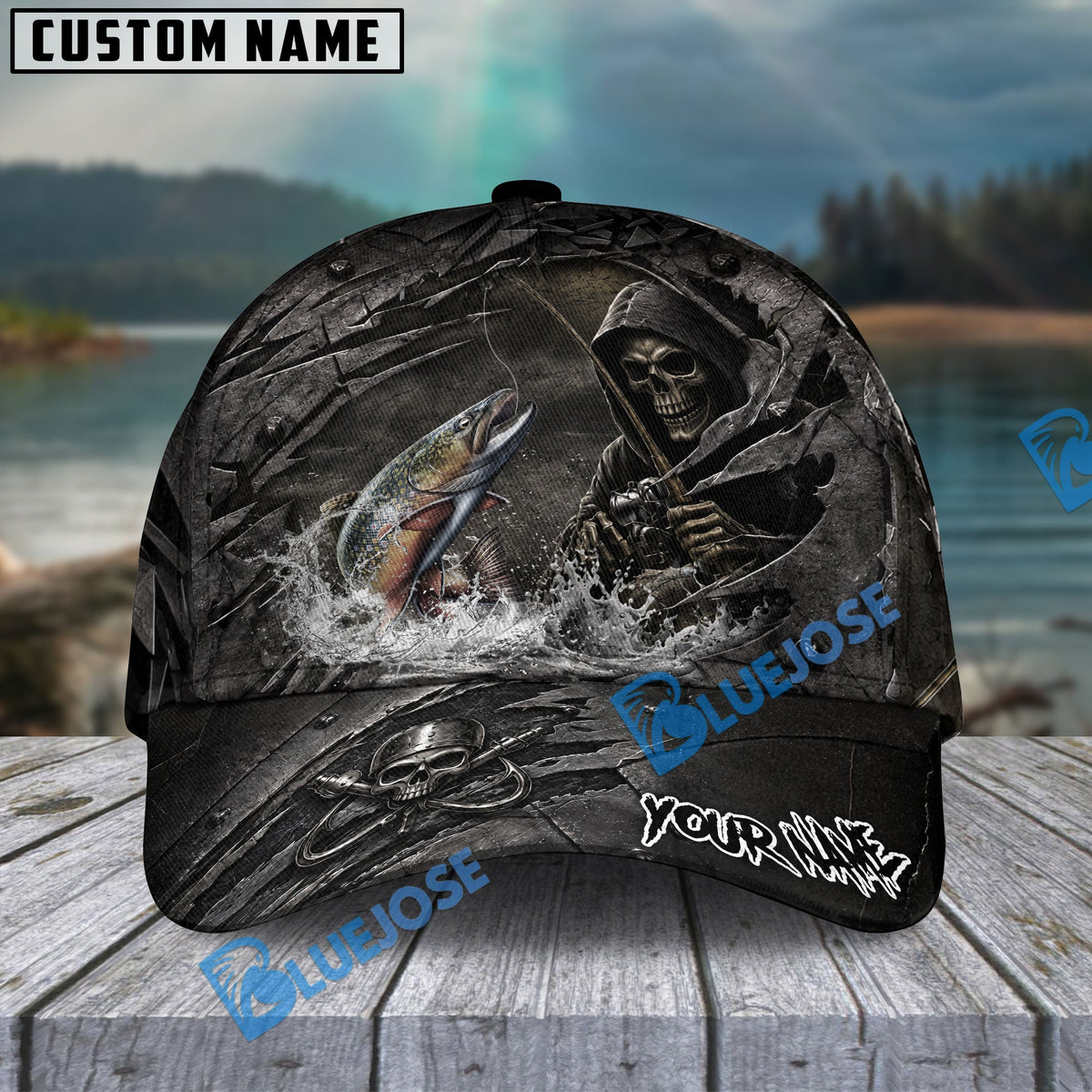 BlueJose Fishing Reaper Cracked Steel Skull Artwork Personalized Name Classic 3D Cap (13 Breeds)