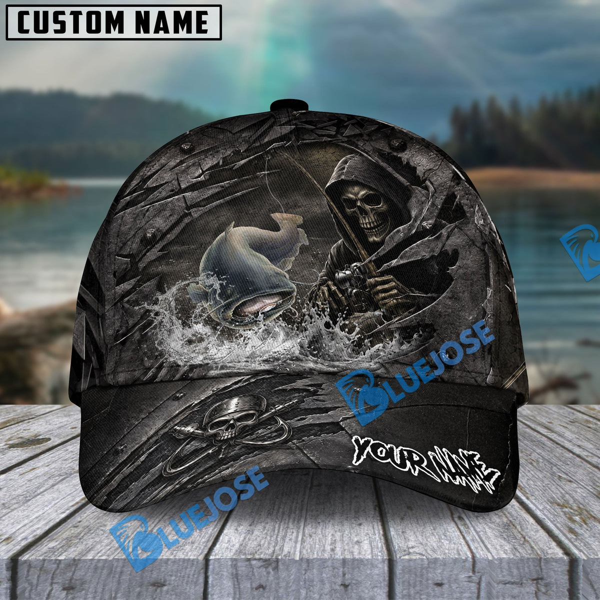 BlueJose Fishing Reaper Cracked Steel Skull Artwork Personalized Name Classic 3D Cap (13 Breeds)