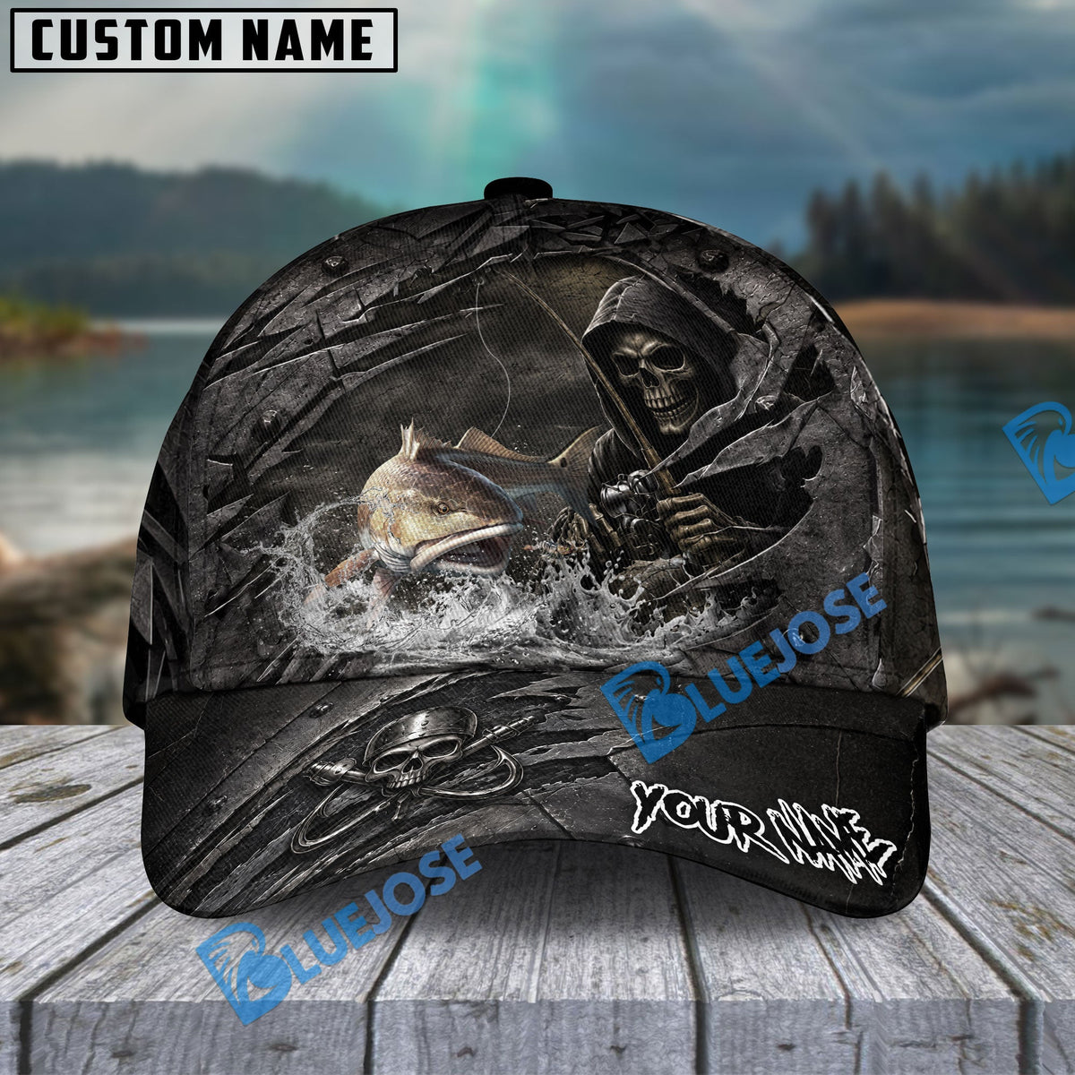 BlueJose Fishing Reaper Cracked Steel Skull Artwork Personalized Name Classic 3D Cap (13 Breeds)