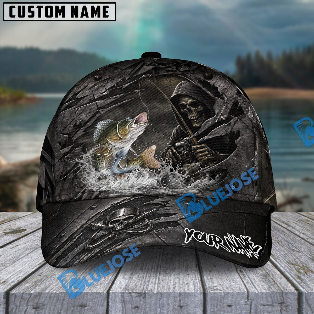BlueJose Fishing Reaper Cracked Steel Skull Artwork Personalized Name Classic 3D Cap (13 Breeds)