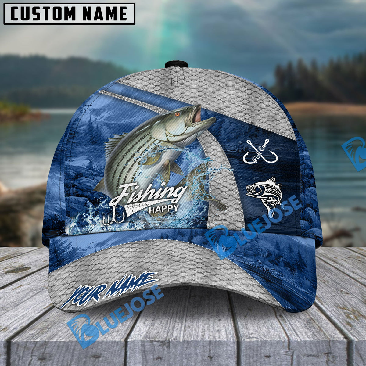 BlueJose Fishing Splash Water Fish Scale Lake View Personalized Name Classic 3D Cap (13 Breeds)