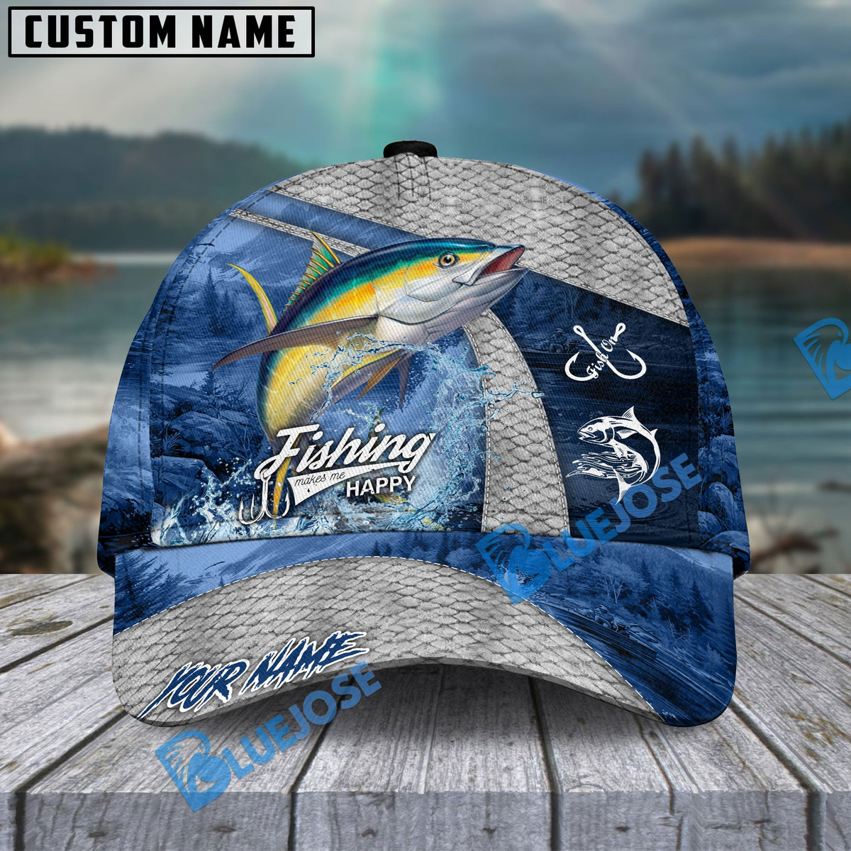 BlueJose Fishing Splash Water Fish Scale Lake View Personalized Name Classic 3D Cap (13 Breeds)