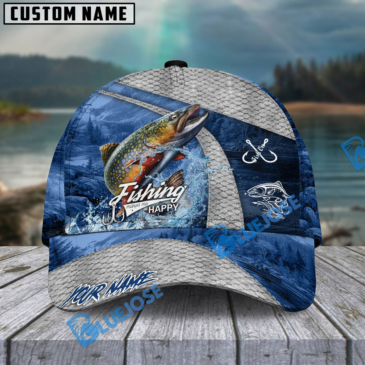 BlueJose Fishing Splash Water Fish Scale Lake View Personalized Name Classic 3D Cap (13 Breeds)