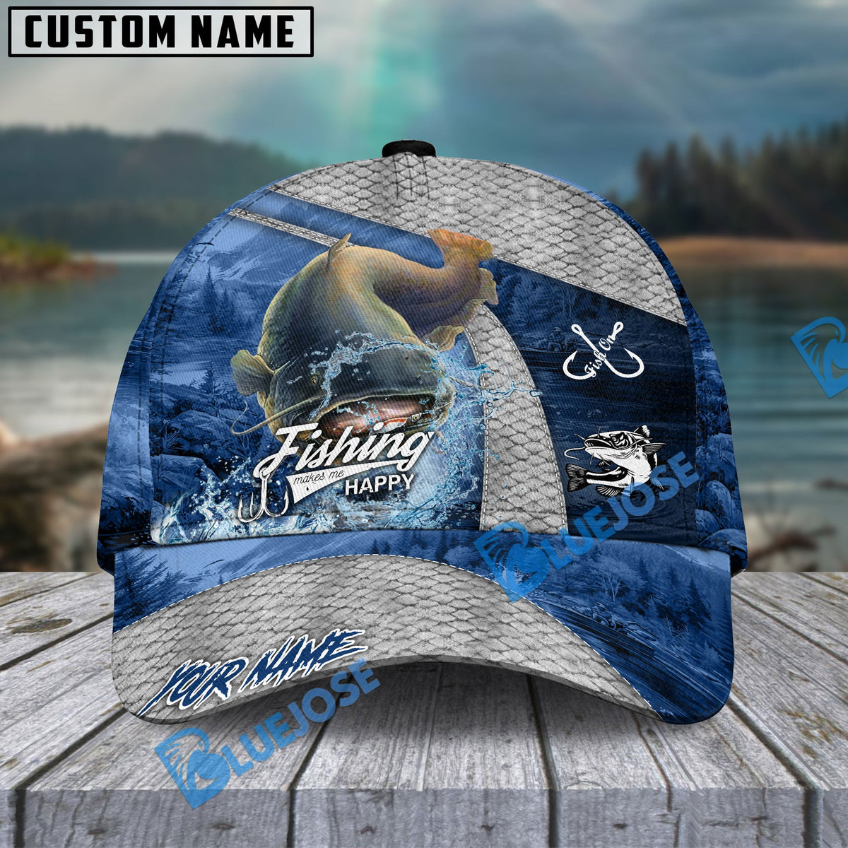 BlueJose Fishing Splash Water Fish Scale Lake View Personalized Name Classic 3D Cap (13 Breeds)
