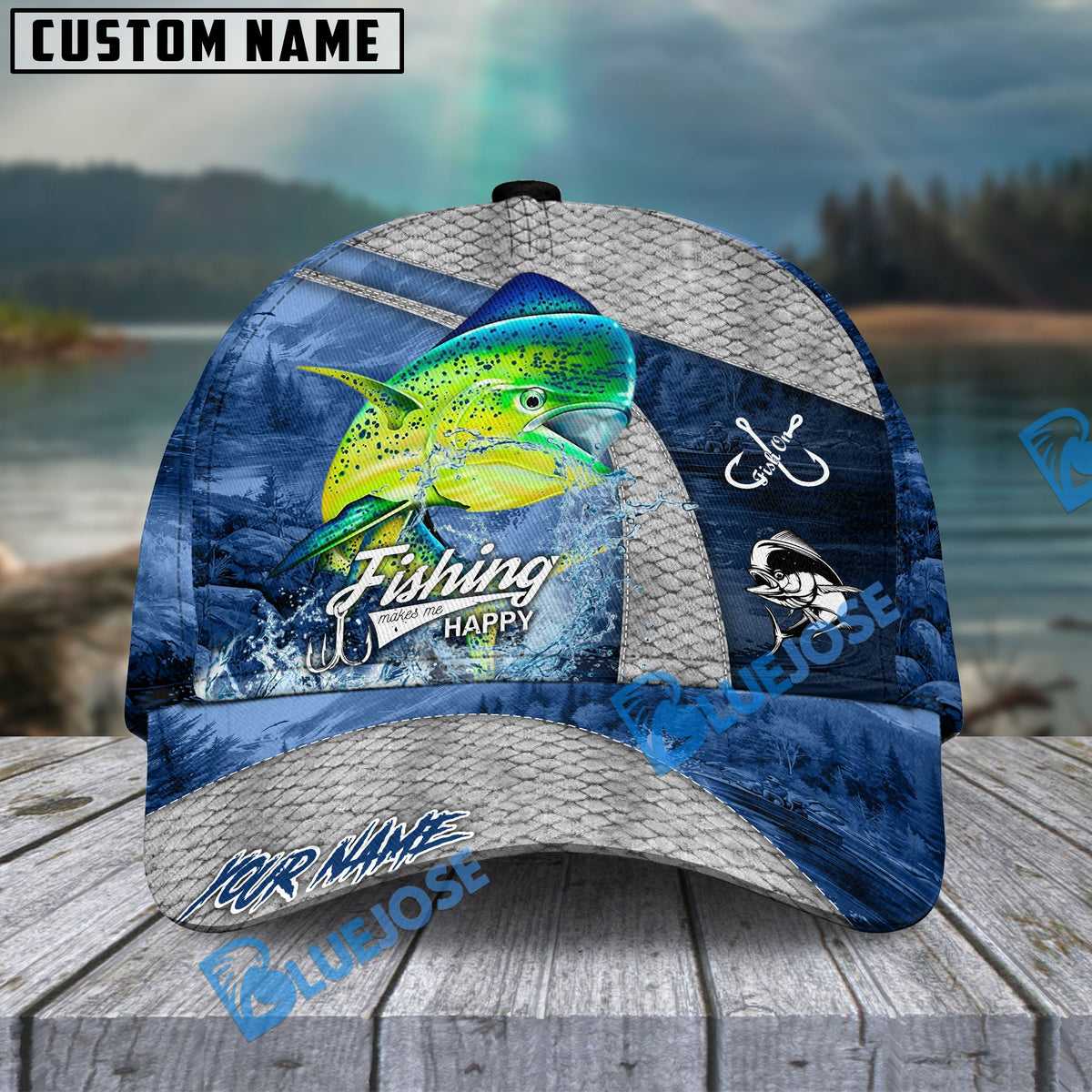 BlueJose Fishing Splash Water Fish Scale Lake View Personalized Name Classic 3D Cap (13 Breeds)
