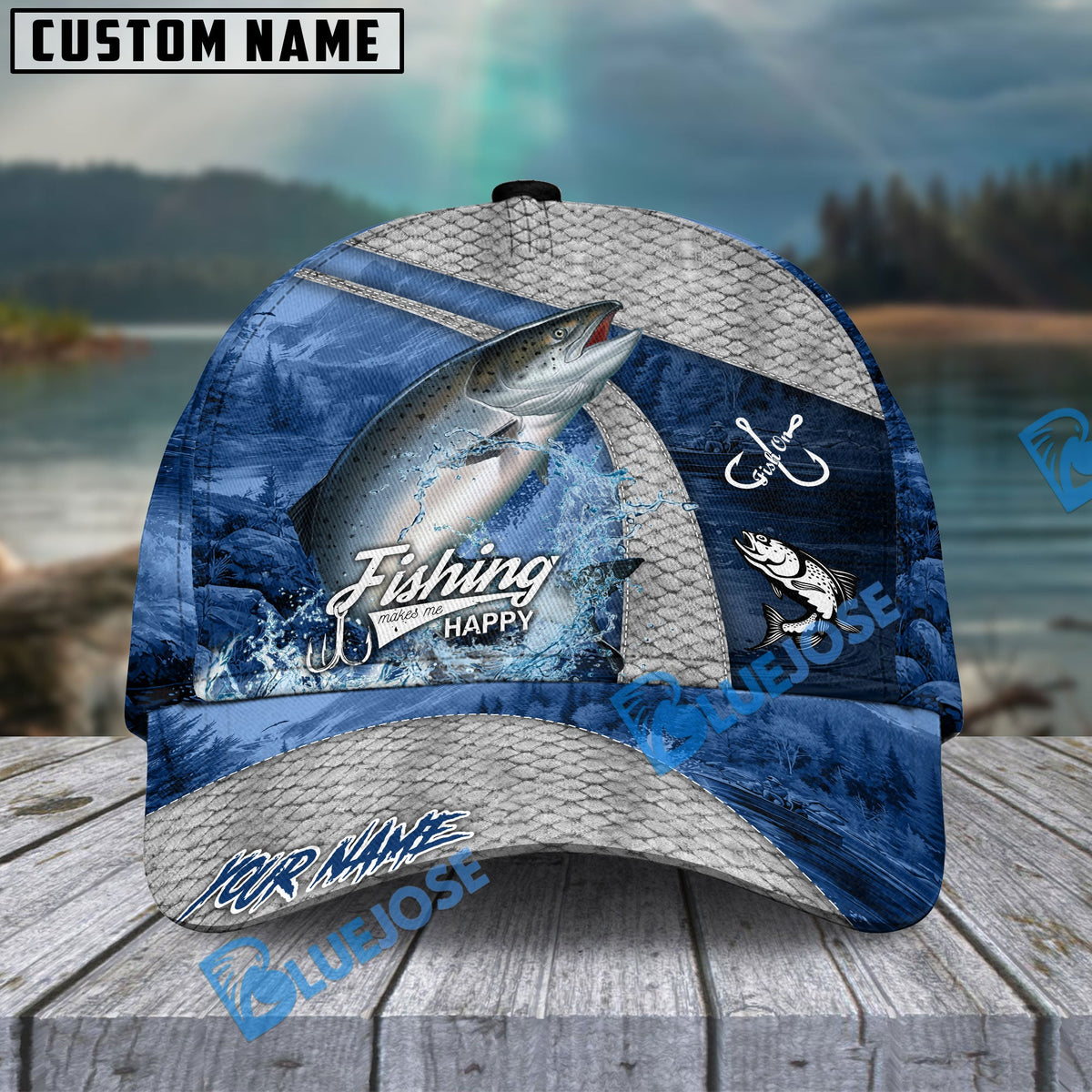 BlueJose Fishing Splash Water Fish Scale Lake View Personalized Name Classic 3D Cap (13 Breeds)