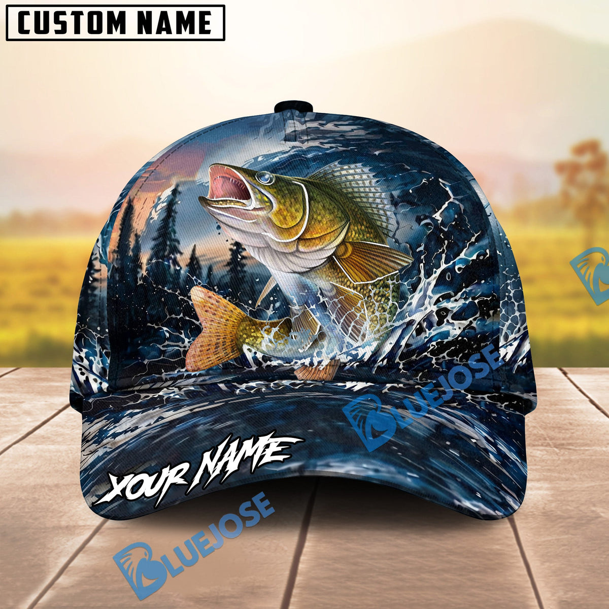 BlueJose Fishing Dark Blue Ocean Splash Personalized Name Classic 3D Cap (13 Breeds)
