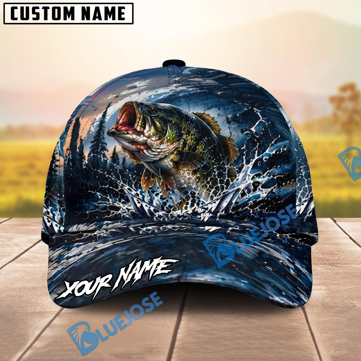 BlueJose Fishing Dark Blue Ocean Splash Personalized Name Classic 3D Cap (13 Breeds)