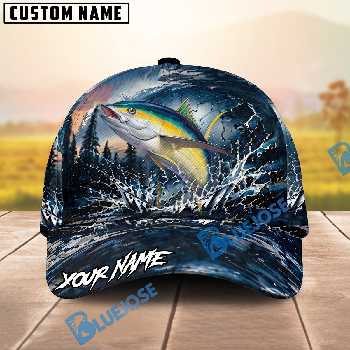 BlueJose Fishing Dark Blue Ocean Splash Personalized Name Classic 3D Cap (13 Breeds)