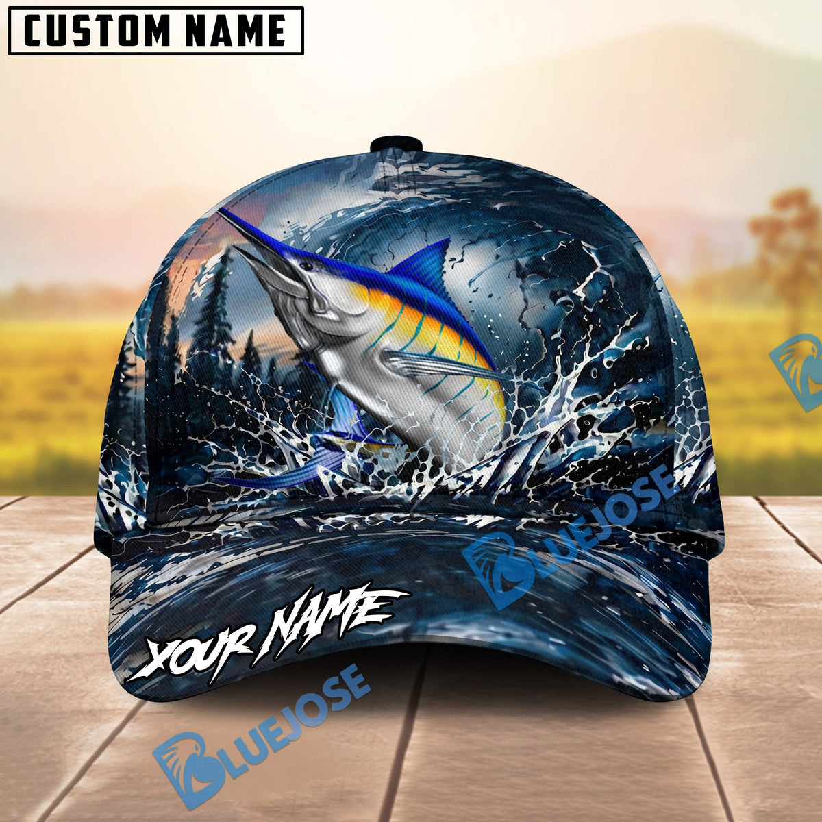 BlueJose Fishing Dark Blue Ocean Splash Personalized Name Classic 3D Cap (13 Breeds)