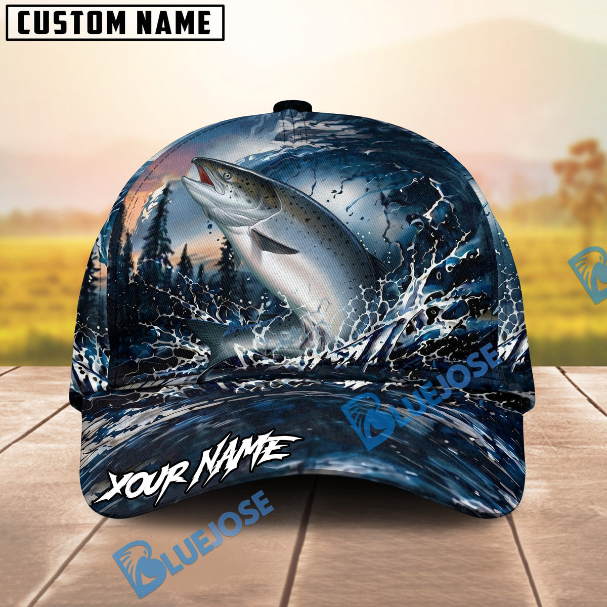 BlueJose Fishing Dark Blue Ocean Splash Personalized Name Classic 3D Cap (13 Breeds)